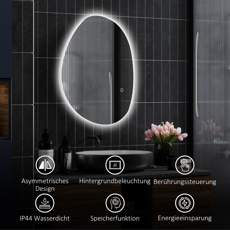 Asymmetrical Bathroom Mirror, LED Light, Smart Touch, Anti-Fog, Silver