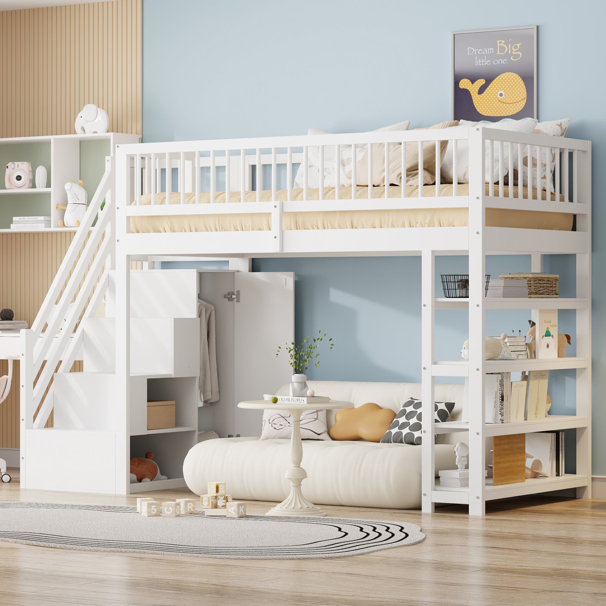 Loft Bed, 90x200 Multifunctional with Wardrobe, Shelves, Ladder, Solid Wood, White