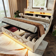 Upholstered Double Bed 160*200, Hydraulic Storage & LED Headboard with USB & Type-C, Beige Linen