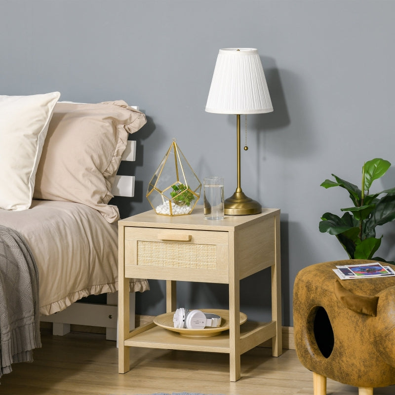 Nightstand Bedside Table Rattan Drawer Storage Shelf MDF