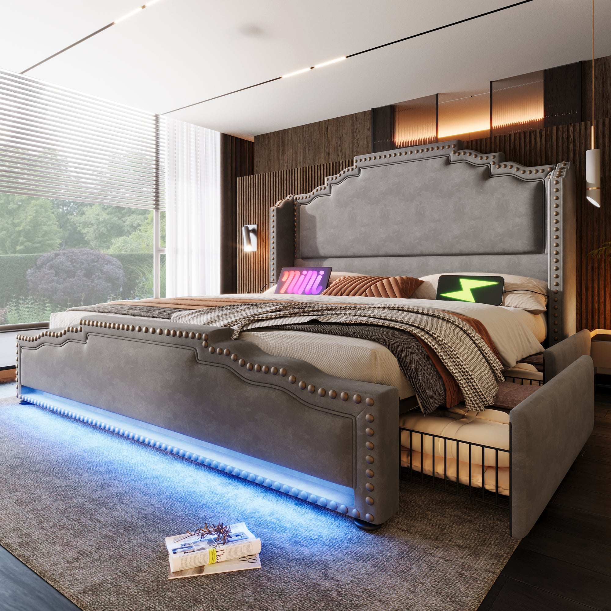 Upholstered Bed 180x200, 4 Drawers, LED, USB-C, Velvet Grey
