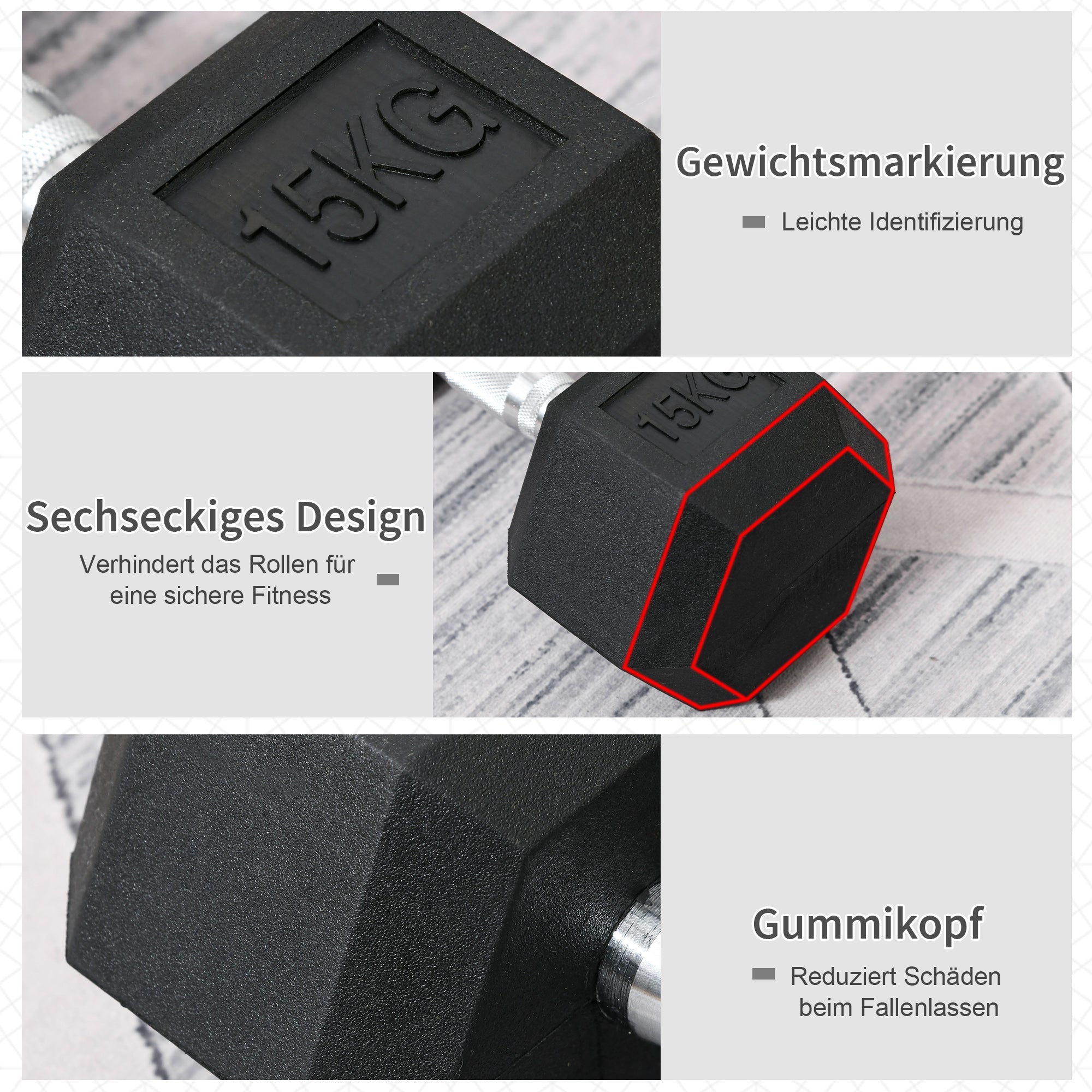 Hexagon Dumbbell, Knurled Handle, Rubber, Black