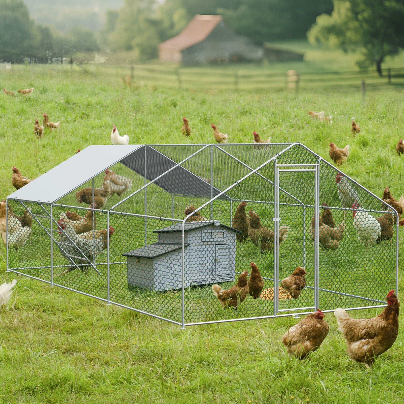 Chicken Run 3x6x2m with Safety Lock & Waterproof PE Cover - Metal