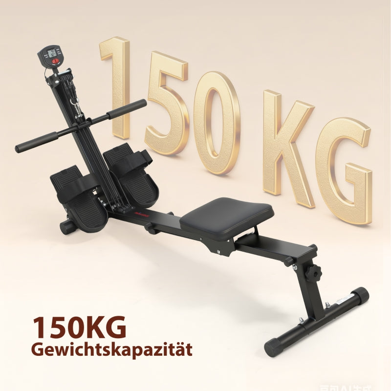 Rowing Machine with LCD Monitor and 150 kg Capacity, Steel Black
