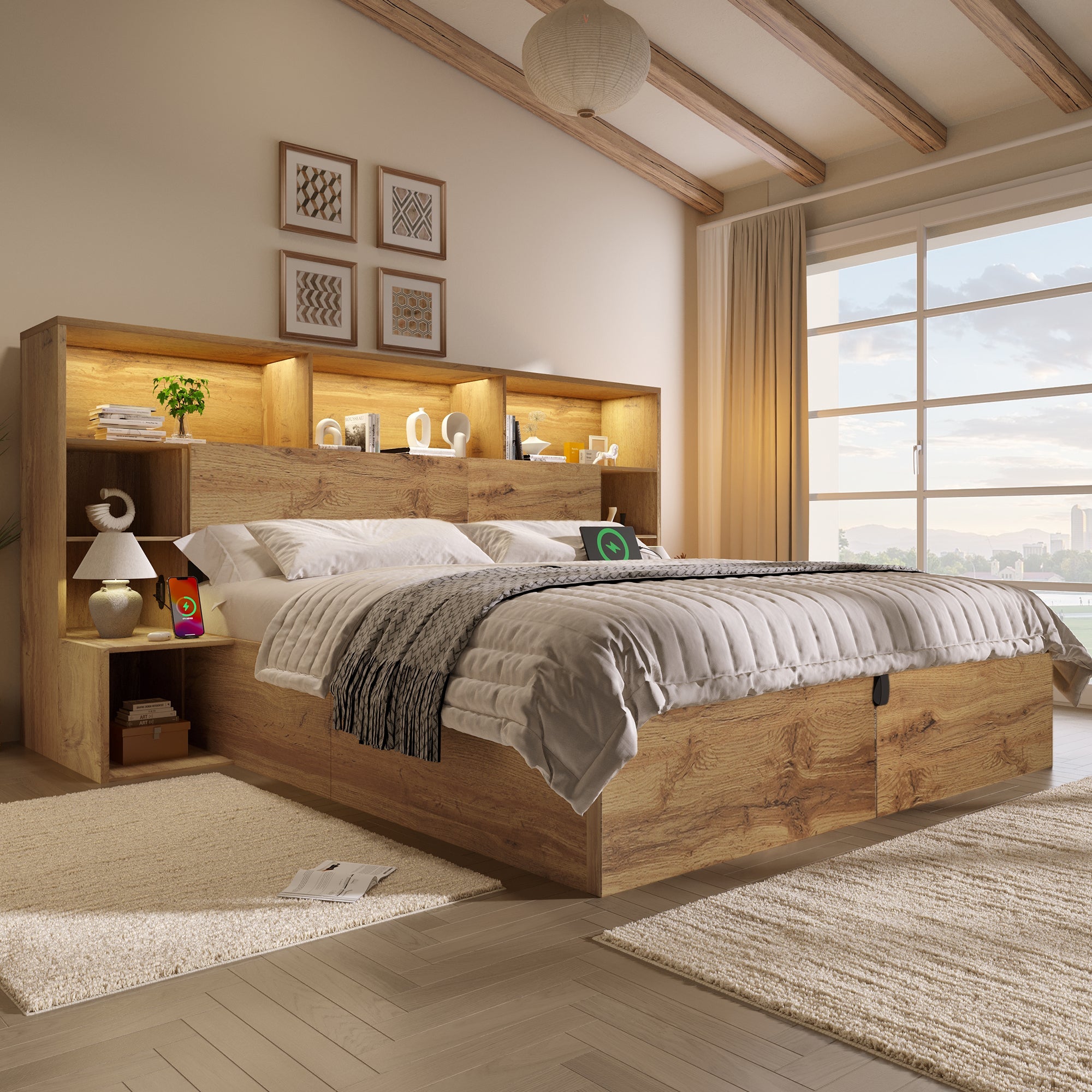 System Bed with Hydraulic Storage, Bedside Tables, LED & USB-C, 160x200cm, Oak Look Wood