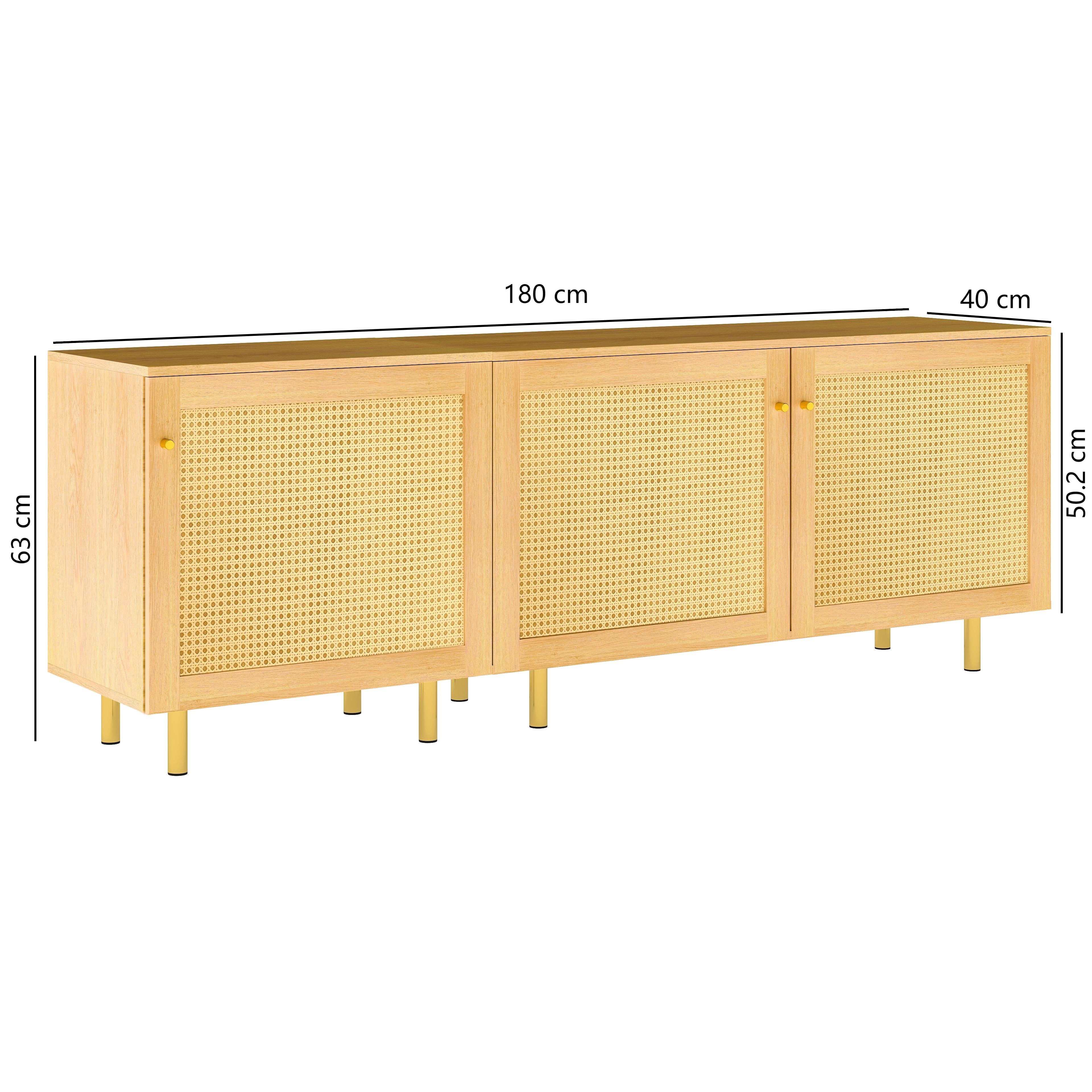 Modular Storage Cabinet Sideboard, 3-Door Rattan Rustic 180cm, Natural Wood Look