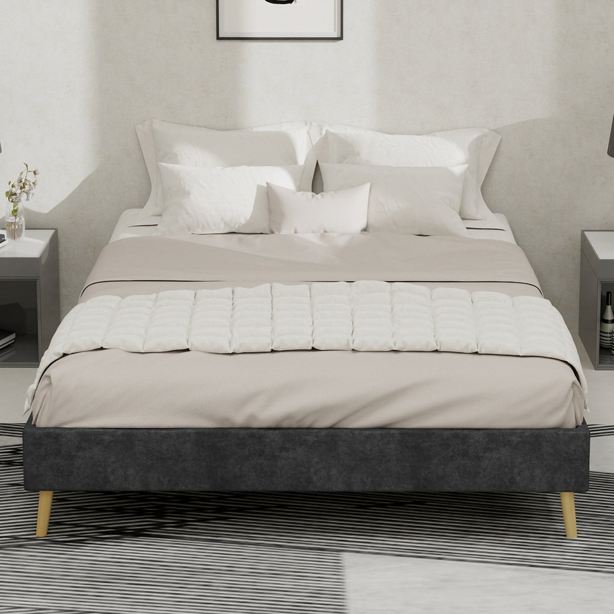 Modern Minimalist Bed Frame, 140x200 cm Low-Profile, Grey Dutch Velvet