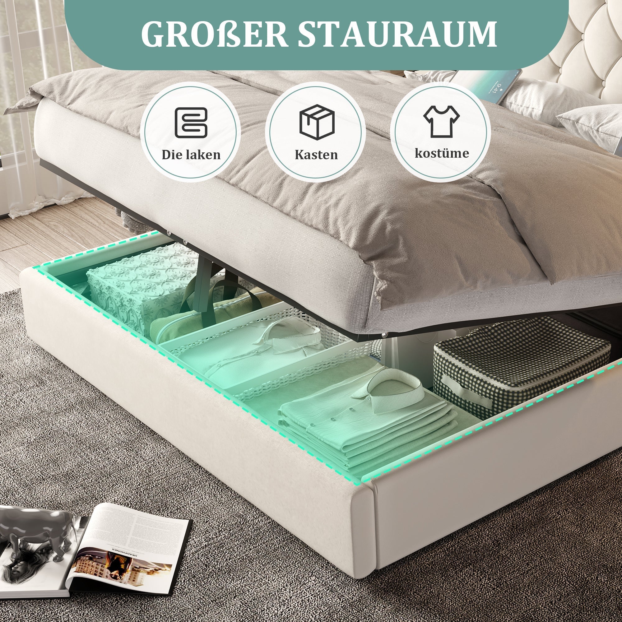 Bed Frame 180x200cm Hydraulic Storage Long Headboard USB/Lamp - Velvet Beige