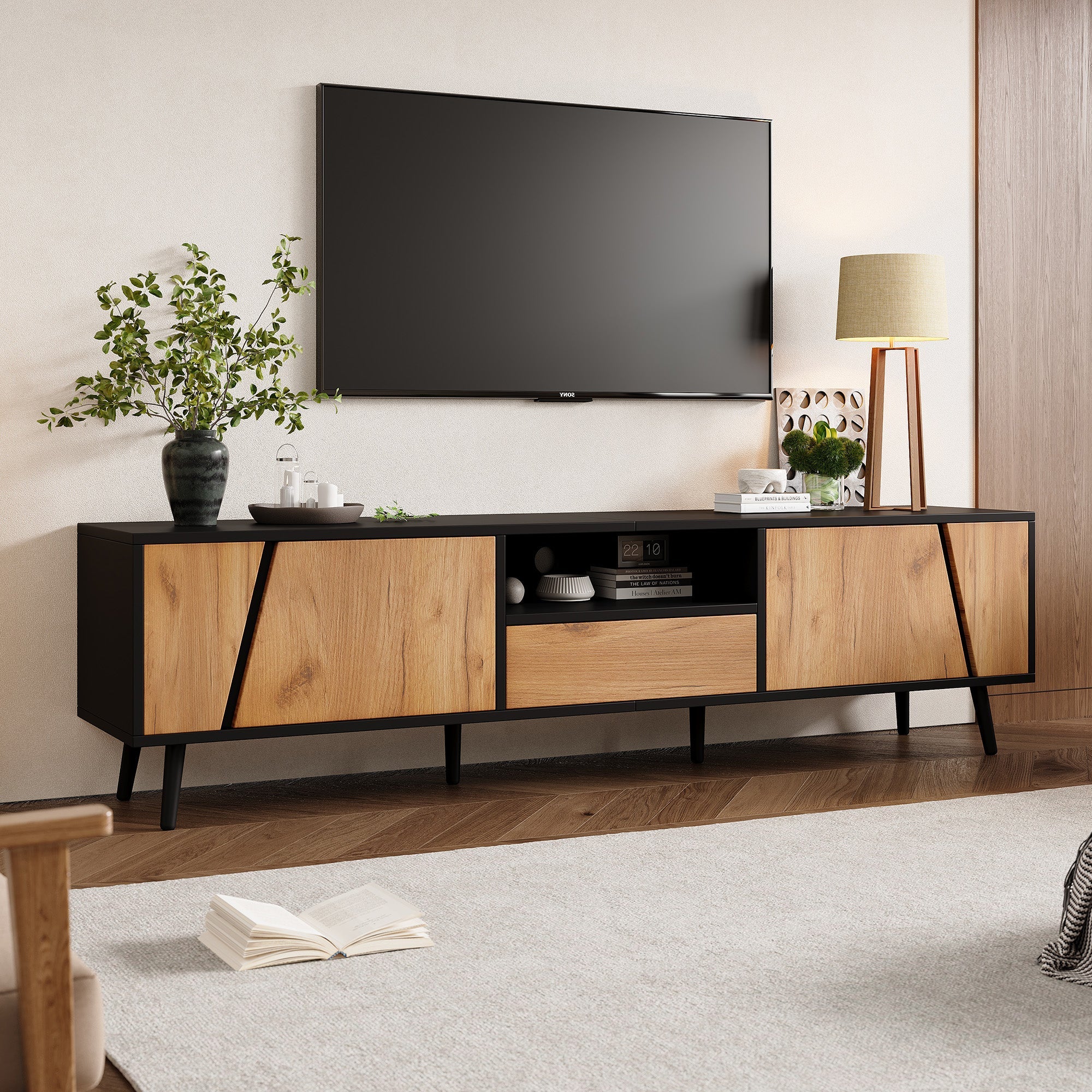 Lowboard TV Board, TV Cabinet with Drawers and 2 Cabinets, Modern Minimalist, Solid Wood