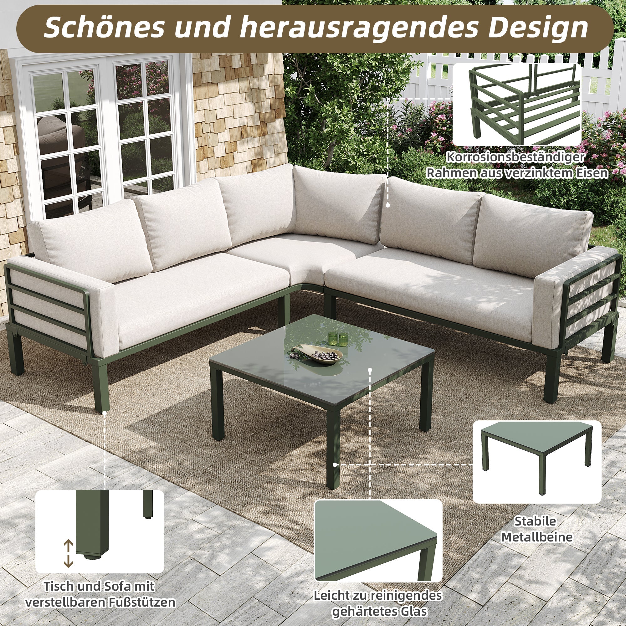Garden Furniture Set 4-5 Seater with Tempered Glass Coffee Table Adjustable Legs - Green Iron/Beige Cushions