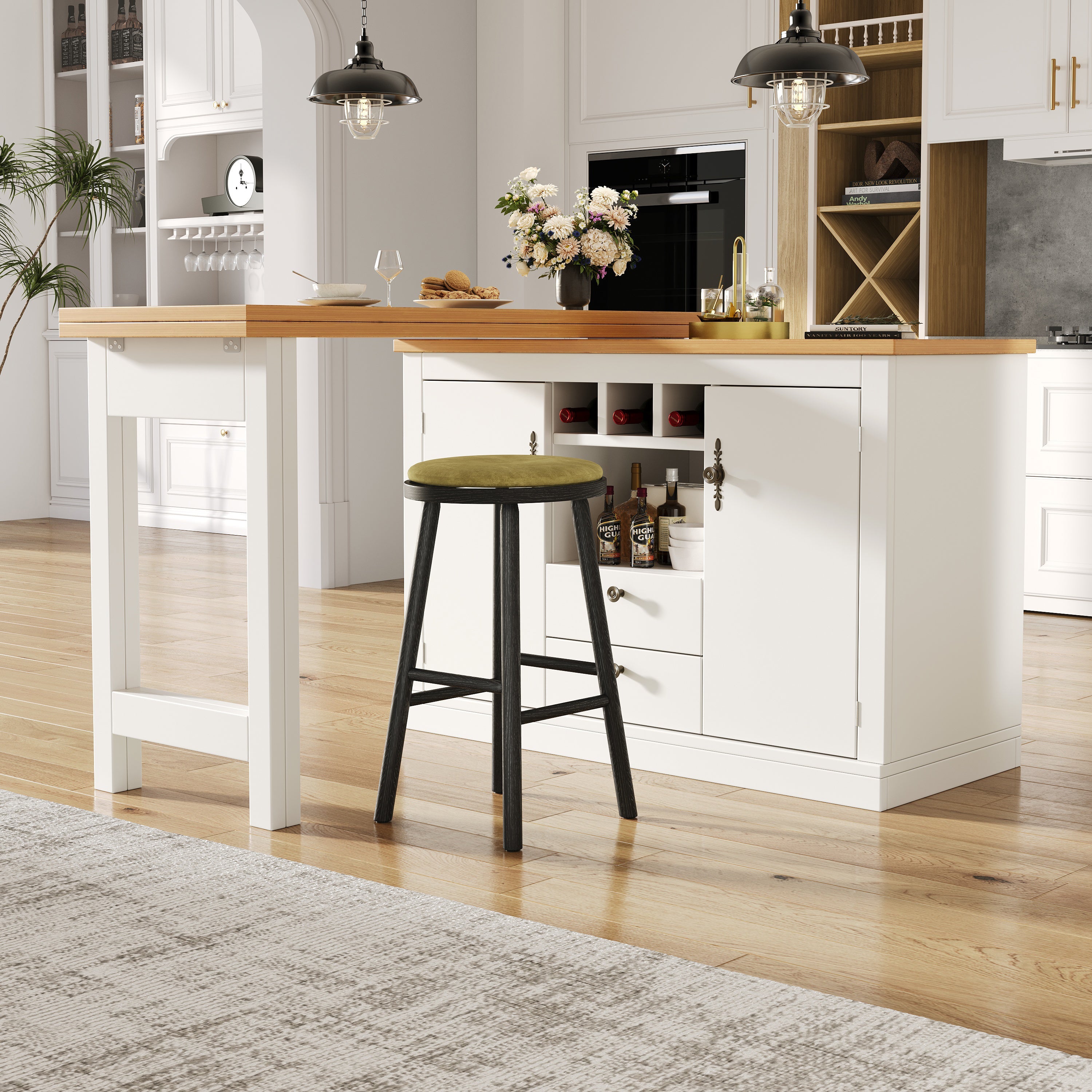 Extendable Bar Table with 360 Swivel and Storage, 120-180cm, White and Black