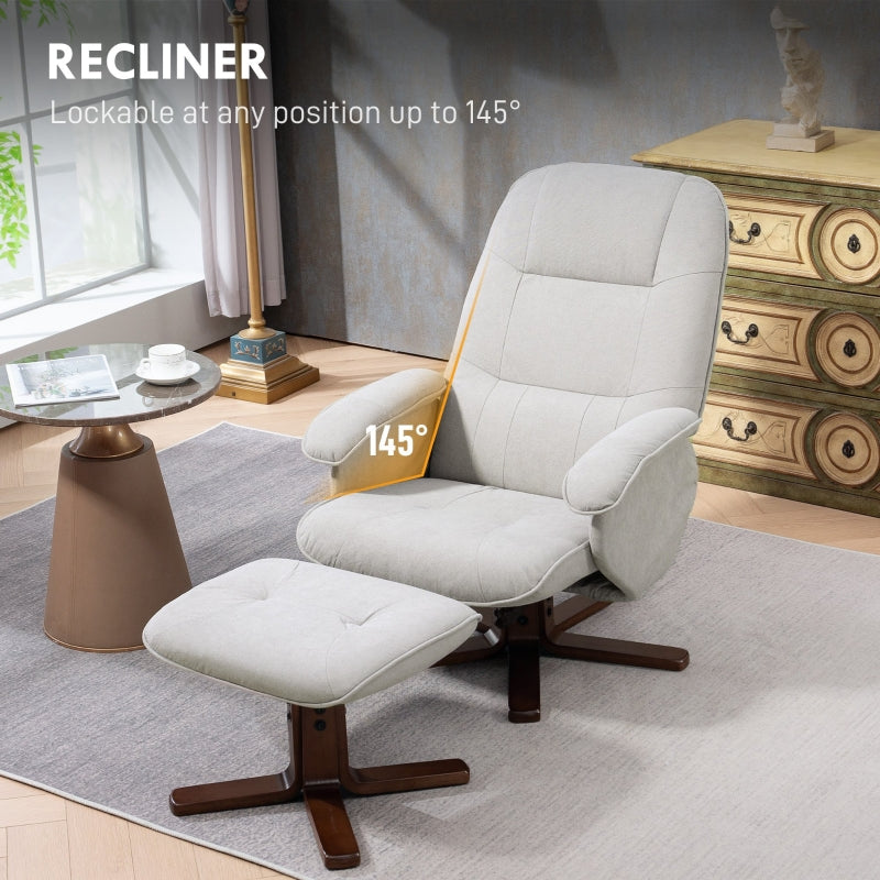 Linen Swivel Recliner Chair with Footstool, Wooden Base, Light Grey