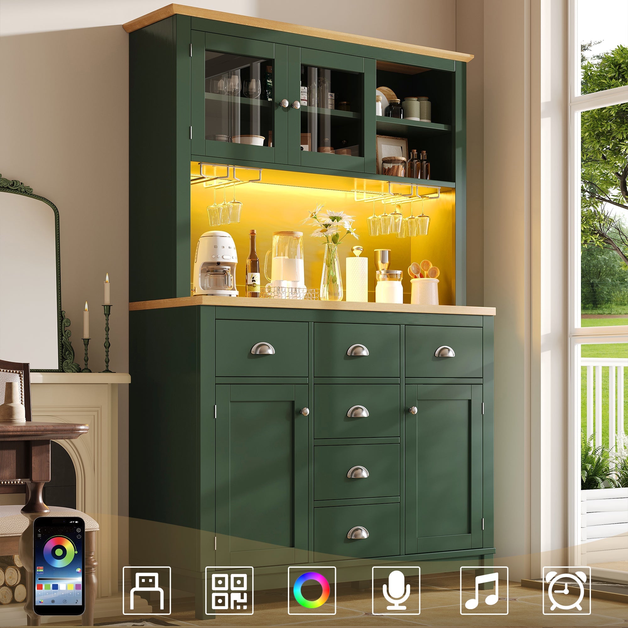 Buffet Sideboard Cabinet with 4 Doors and LED Lights, Green and White