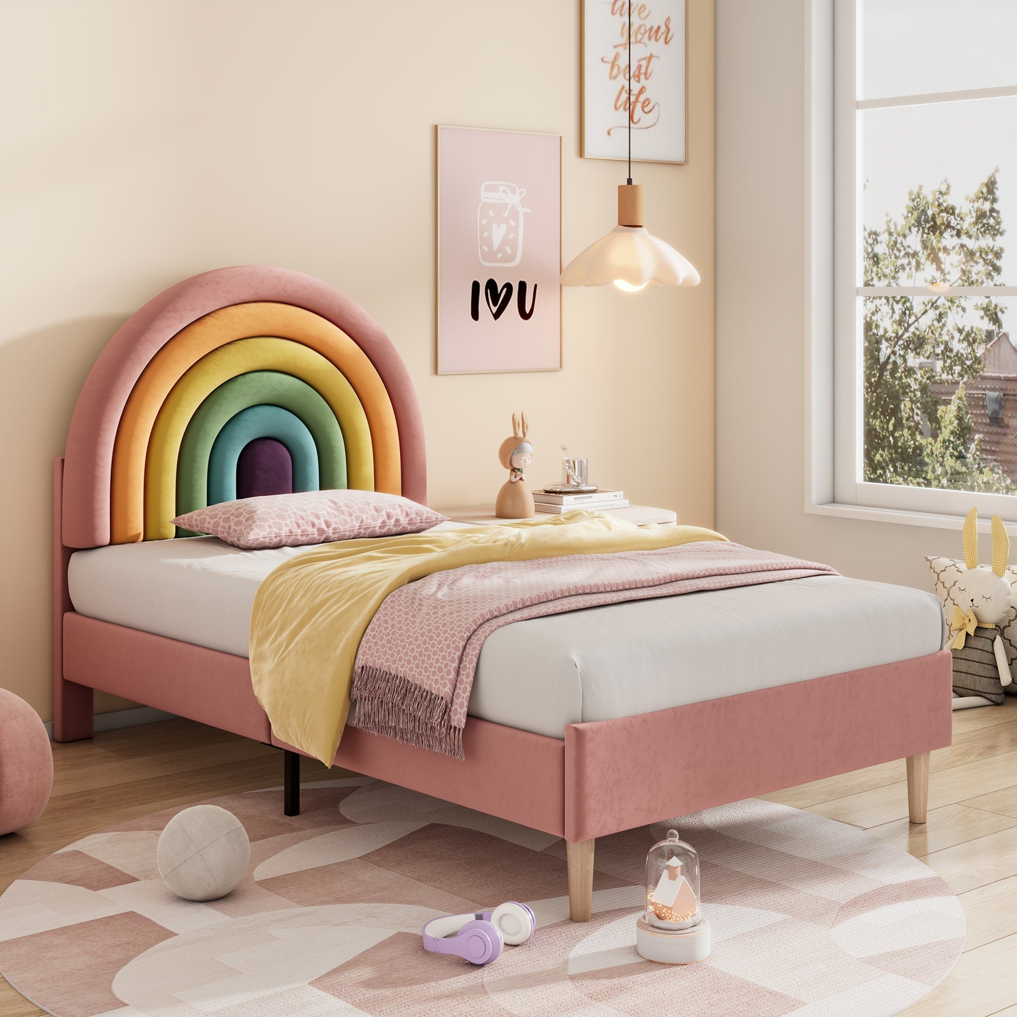 Upholstered Bed 90*190, Slatted Frame with Height-Adjustable Headboard, Easy Assembly, Velvet, Pink