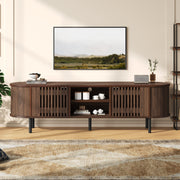 TV Cabinet Lowboard with 2 Cabinets, Openwork Wood Design, Walnut