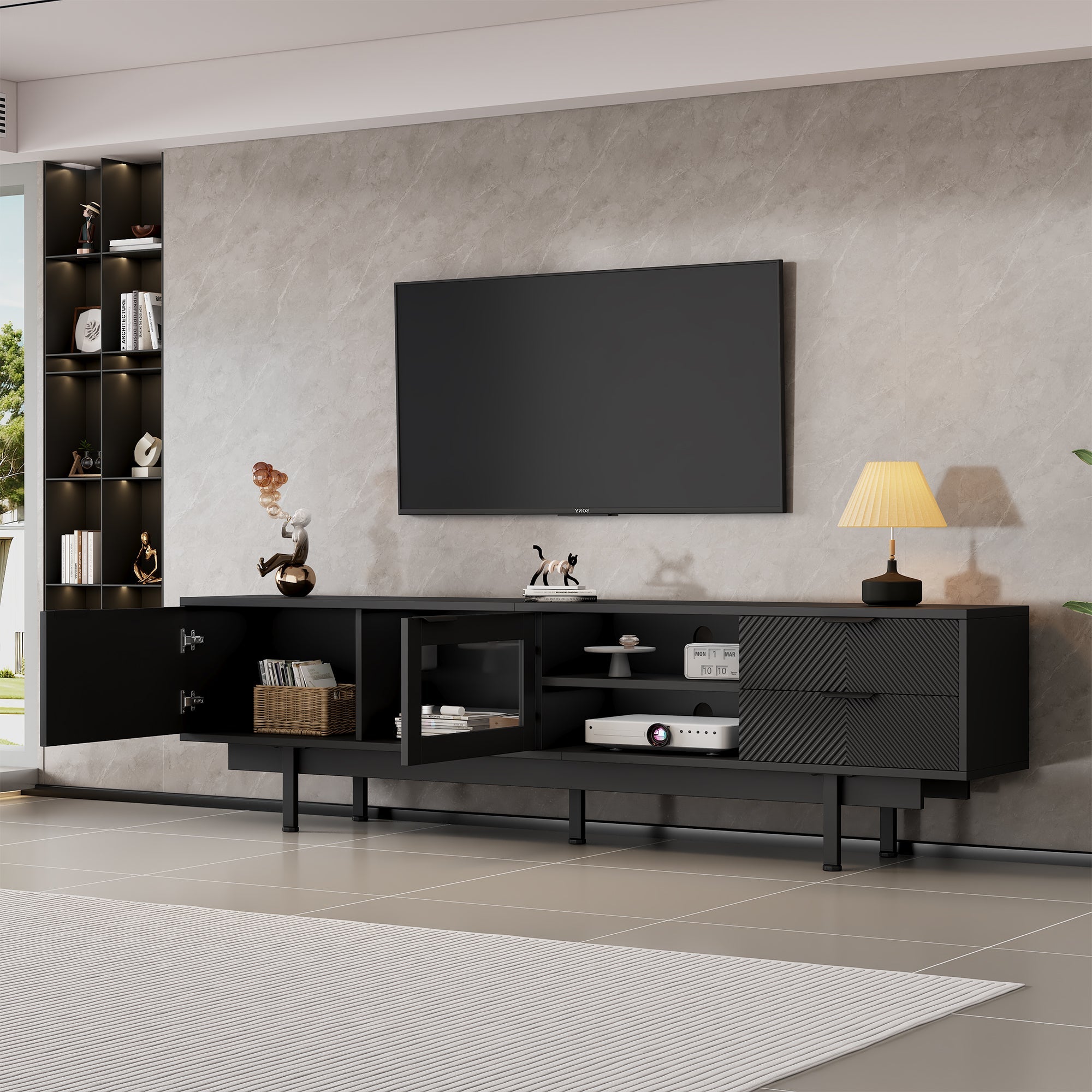 TV Cabinet, 2-Door 2-Drawer Lowboard TV Stand for 80-Inch TVs, Black
