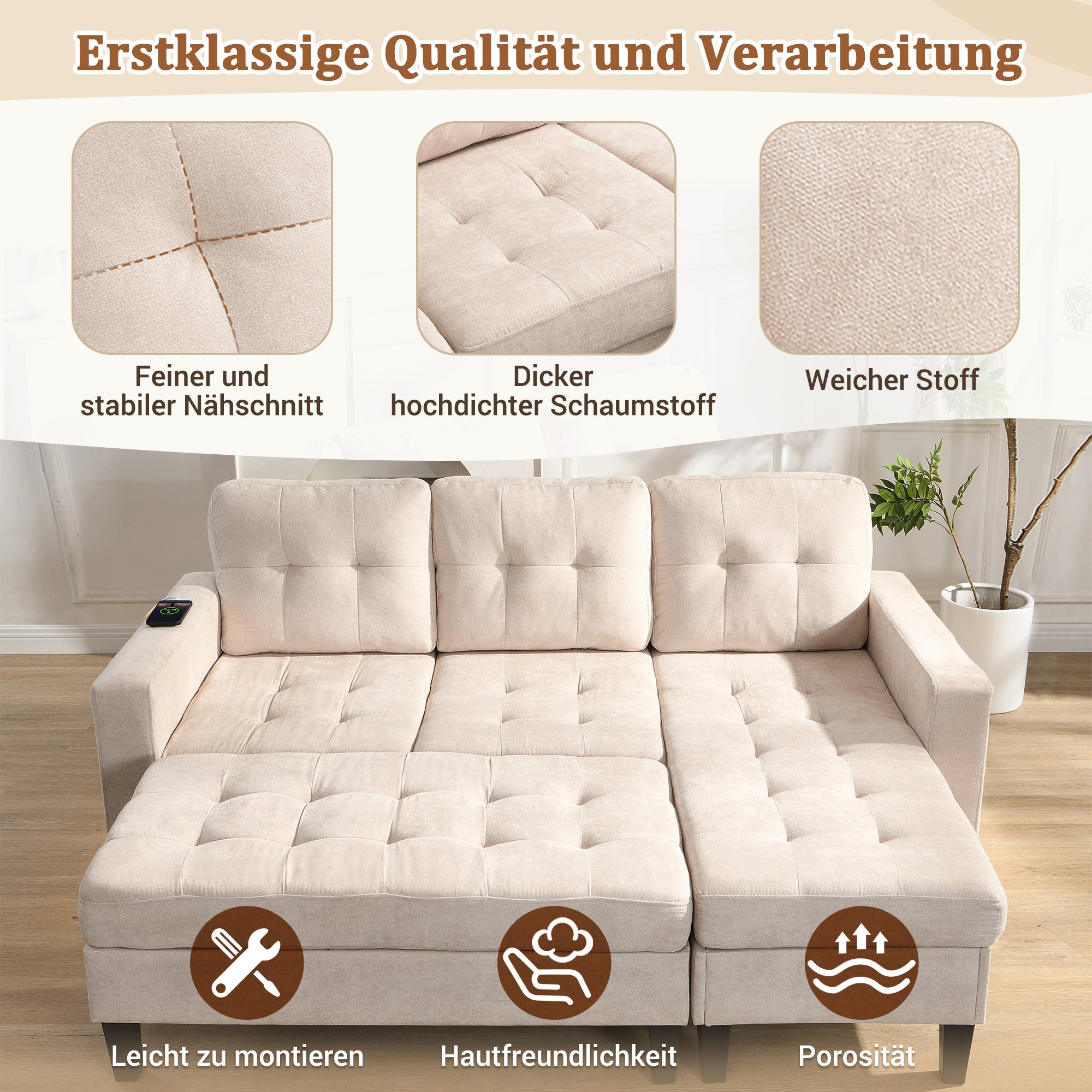 Sofa Set, L-Shaped Modular with Movable Footstool & LED Lighting