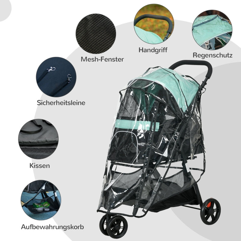 Tierkinderwagen, faltbar mit Regenschutz & 2 Getränkehaltern, Blau + Grün