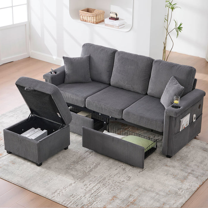 Velvet Sofa LED USB-C Storage Footrest Cup Holders, Dark Grey