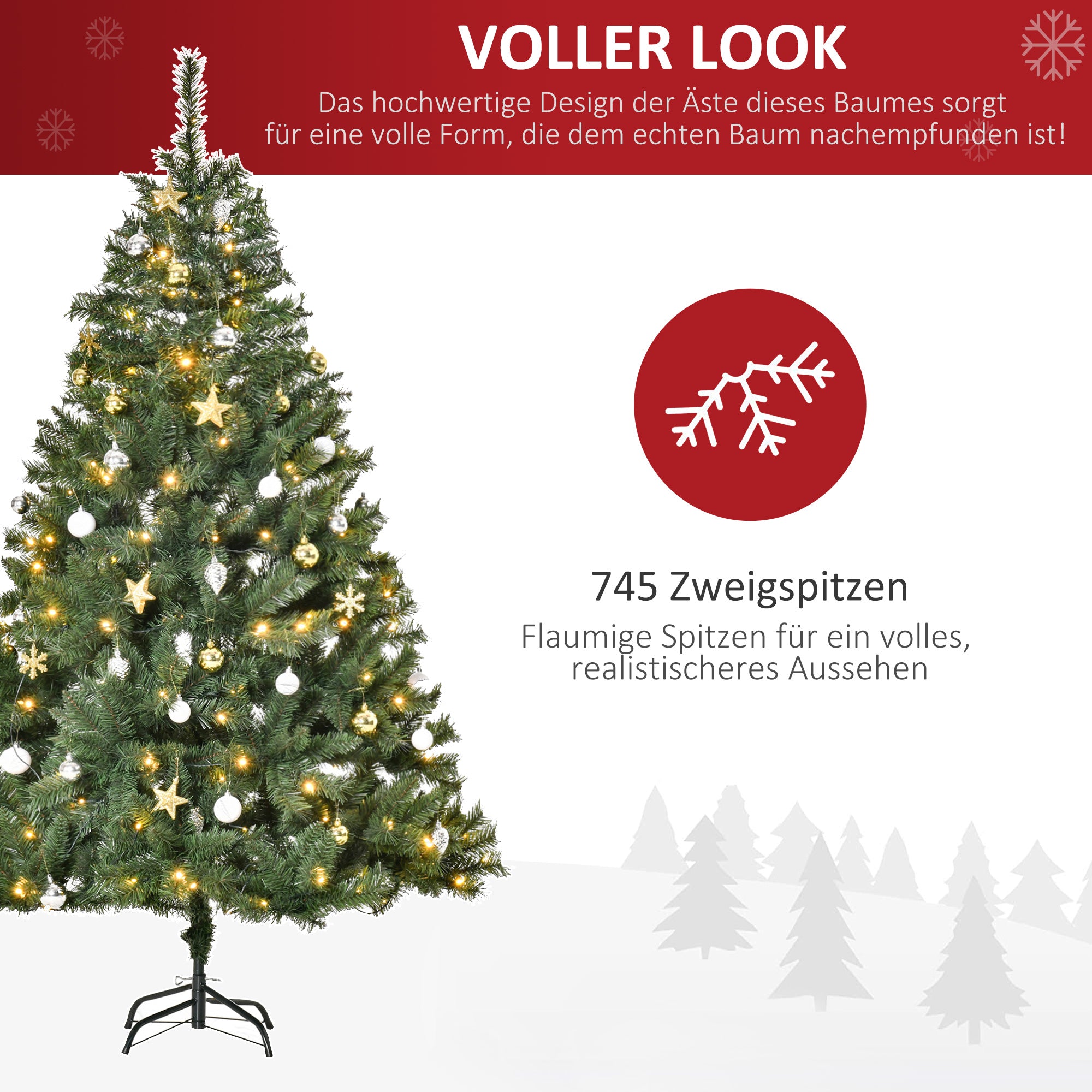 Artificial Christmas Tree 180 cm, Artificial Fir Tree with LED Lighting, Baubles, Christmas Tree with 745 Tips, Christmas Decoration Including Metal Stand for Indoor Use