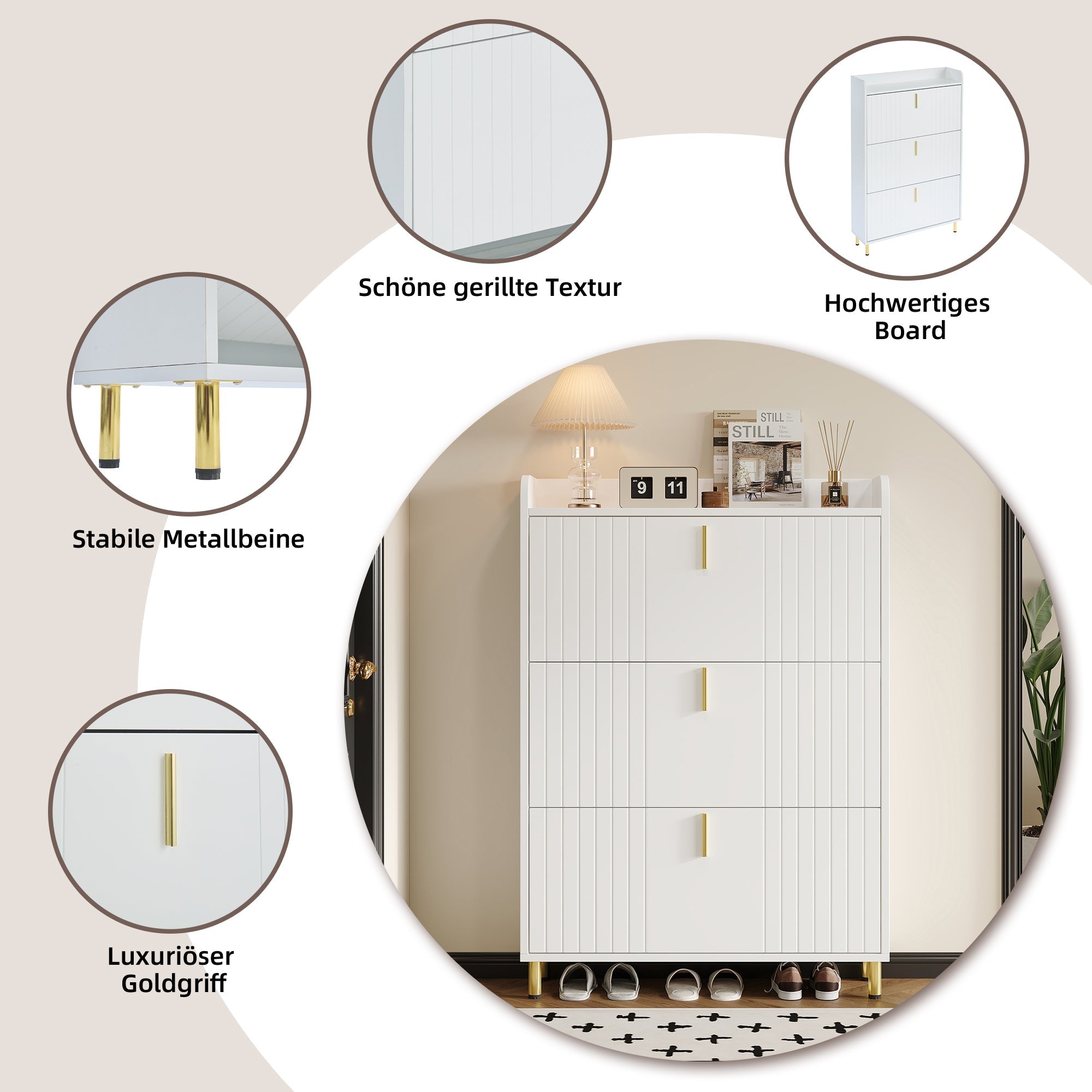 Shoe Cabinet with 3 Doors, Narrow 6 Compartment Adjustable - White