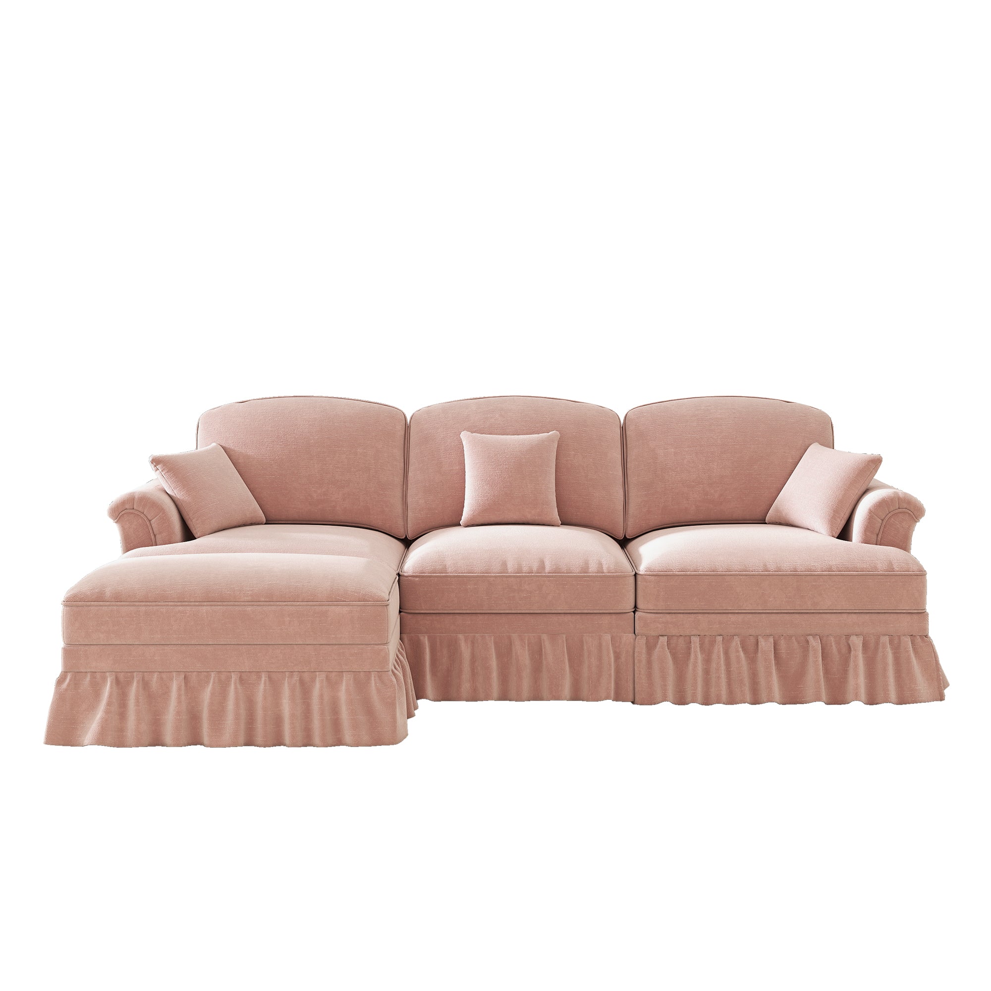 Modular Mid-Century L-Shaped 3-Seater Sofa with Ottoman - Pink Chenille