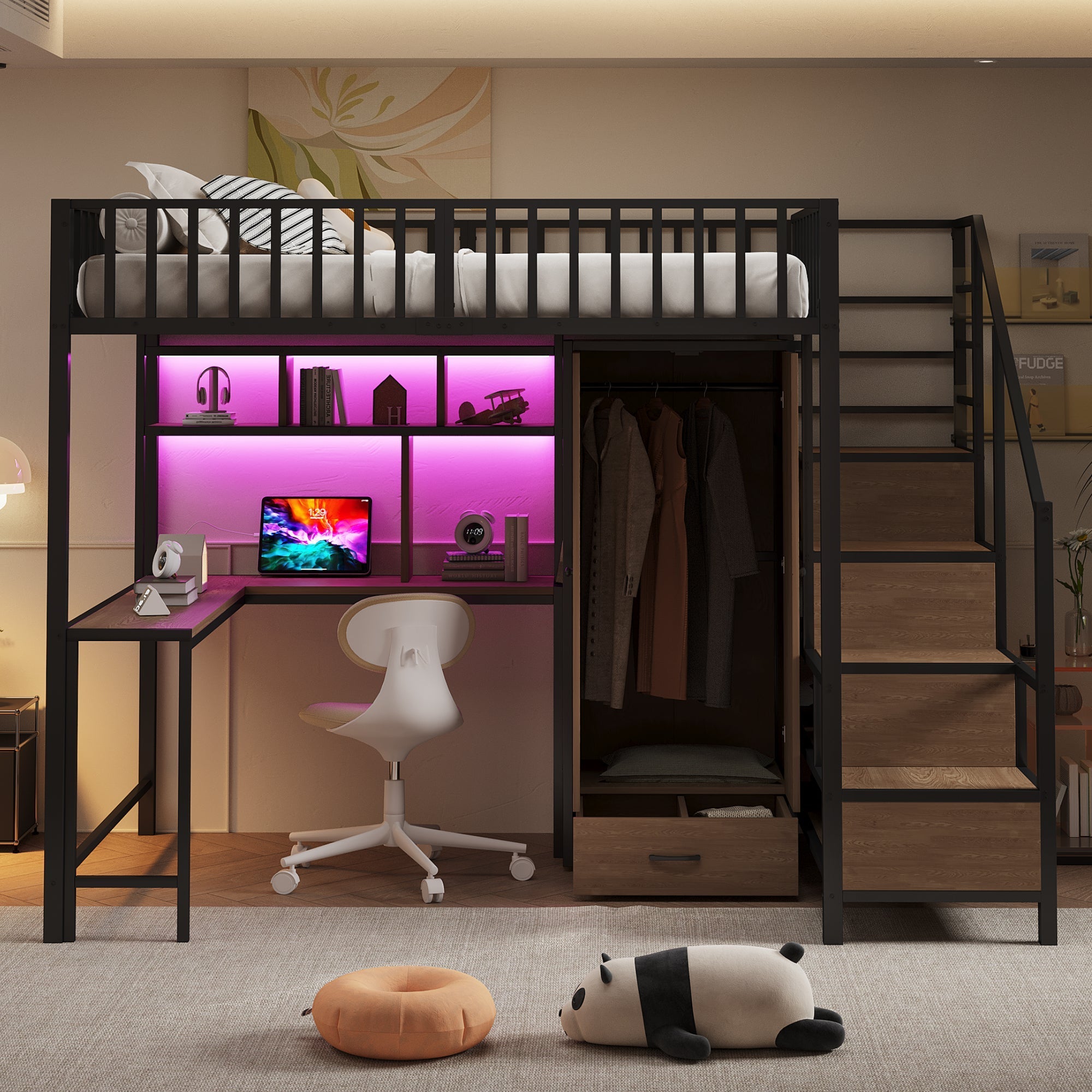 Metal Loft Bed 140x200cm Desk Wardrobe Drawers Storage Ladder LED Charging Black