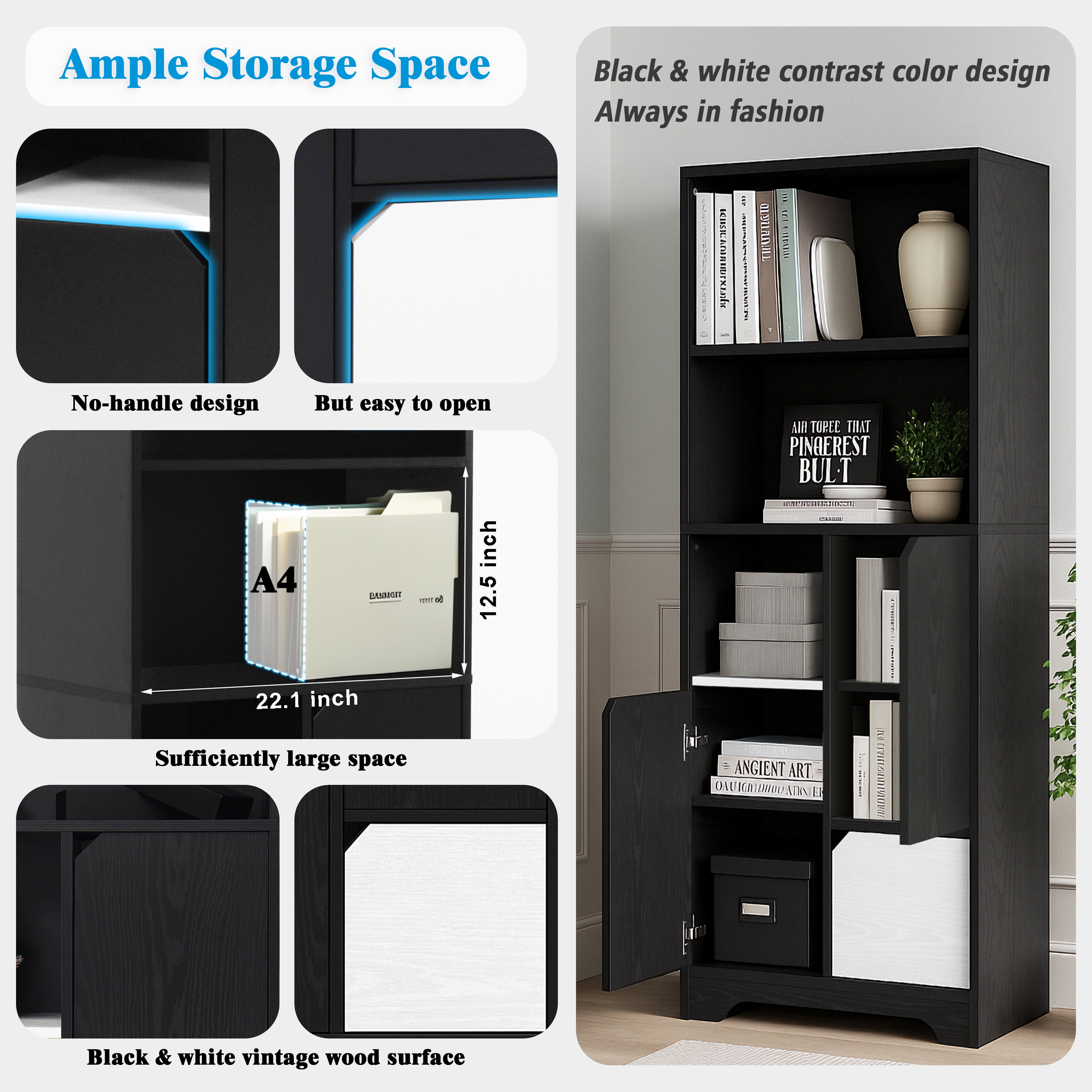 Multifunctional Bookcase with Open Storage, Doors & Drawers - Black/White