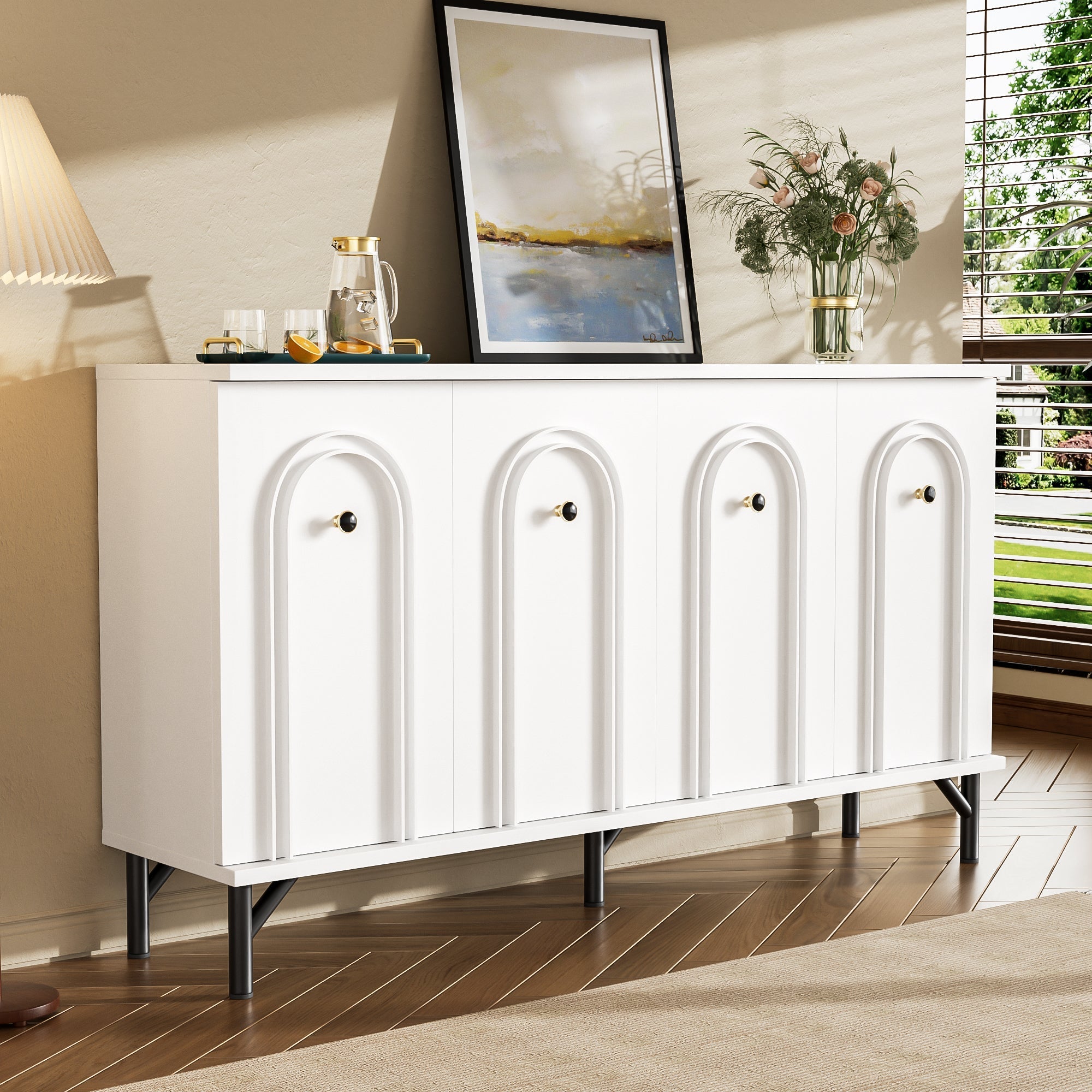 Sideboard, 4-Door with Curved Front, Adjustable Shelves, White