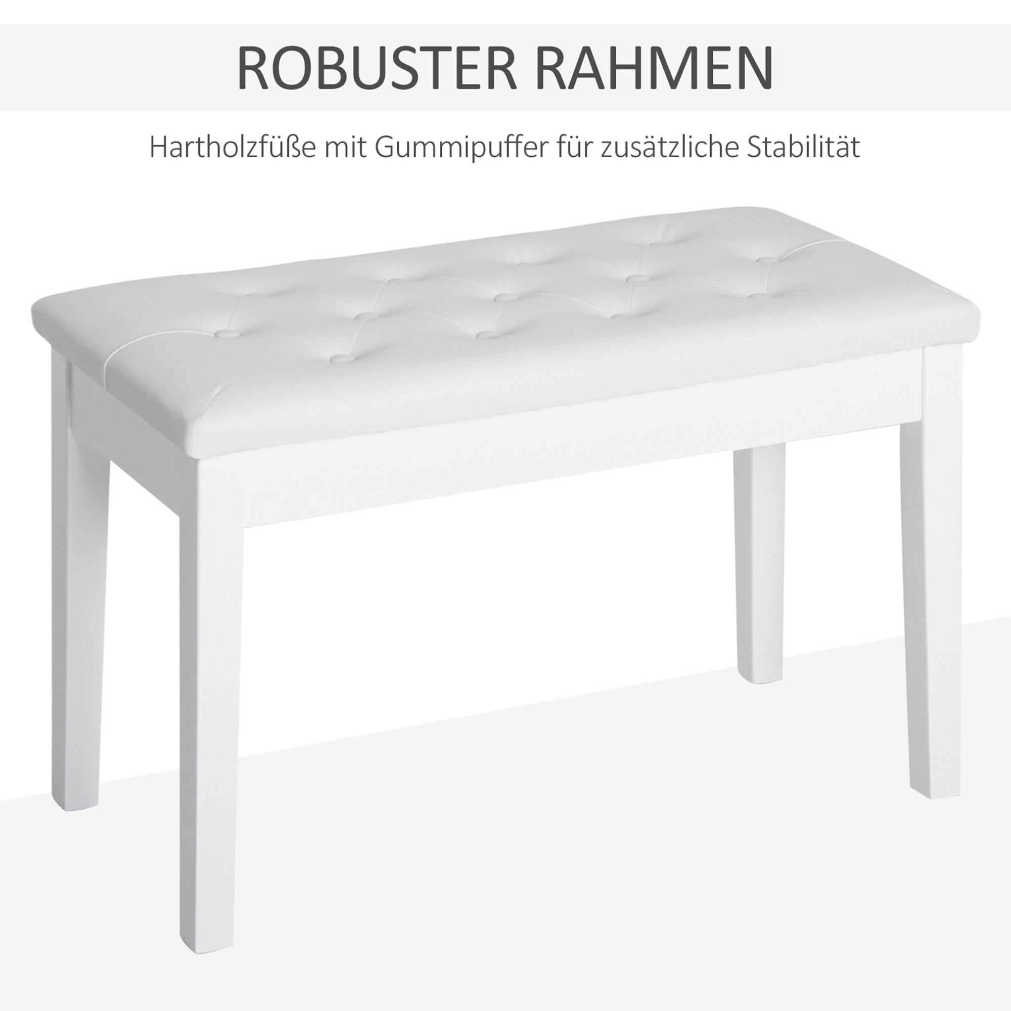 Piano Stool Bench with Storage Space, Rubber Wood & Faux Leather, White