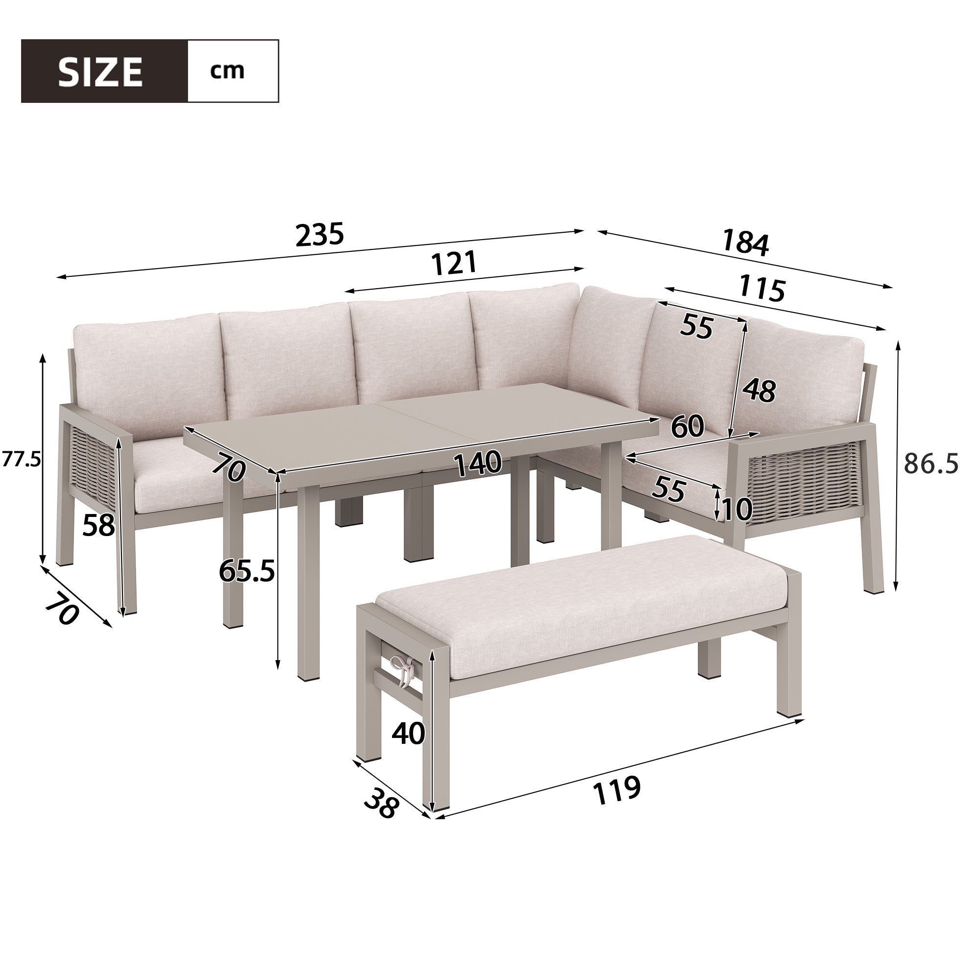 Garden Dining Set with Corner Sofa, Benches, and Glass Tabletop, 8-Person PE Rope and Galvanized Iron, Khaki