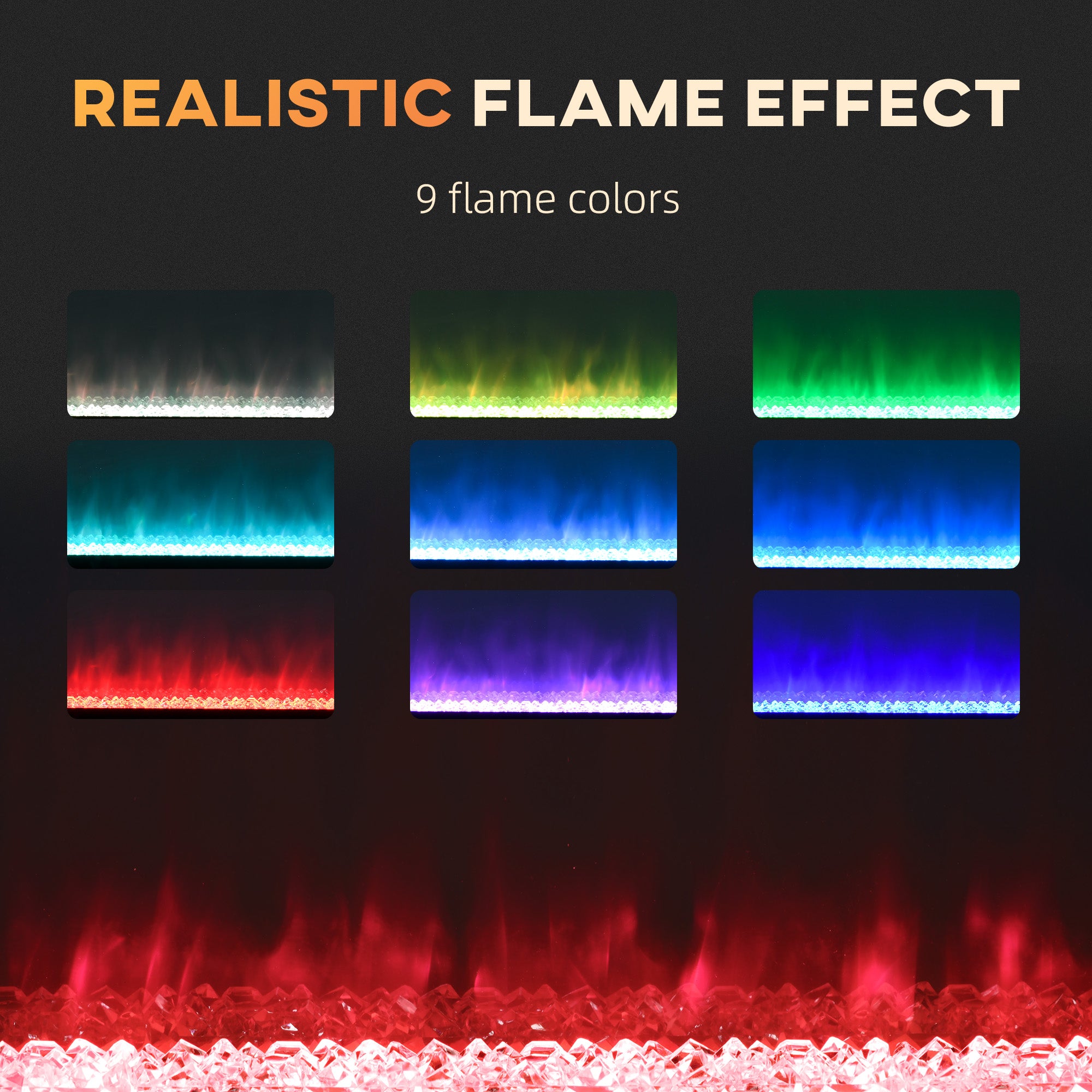 127cm Electric Fireplace, 2000W Recessed Wall Mounted with Remote, 9 Flame Colors and Crystal, Black