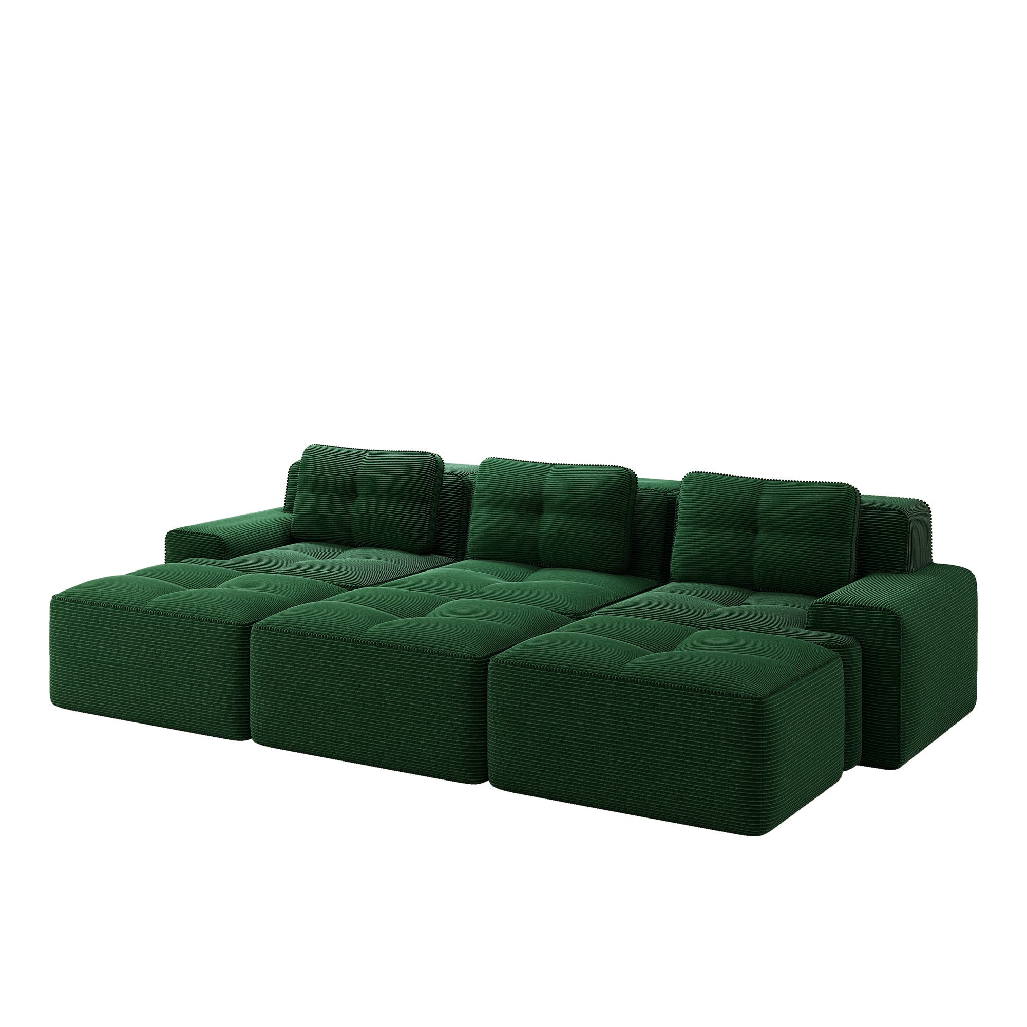 Frameless Modular Corner Sofa Sleeper with 3 Ottomans - Green Corduroy
