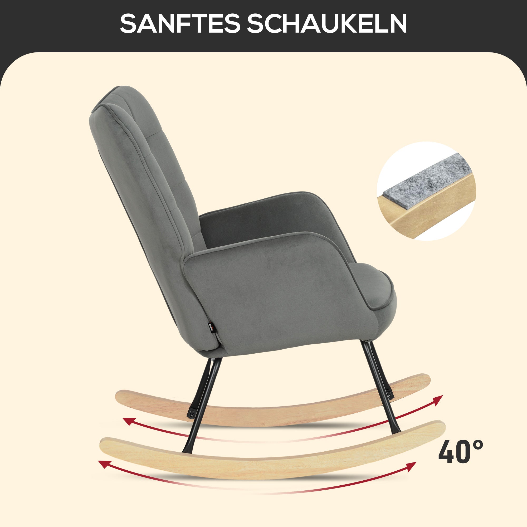 Rocking Chair Armchair with Wooden Runners, Velvet Look, Dark Grey