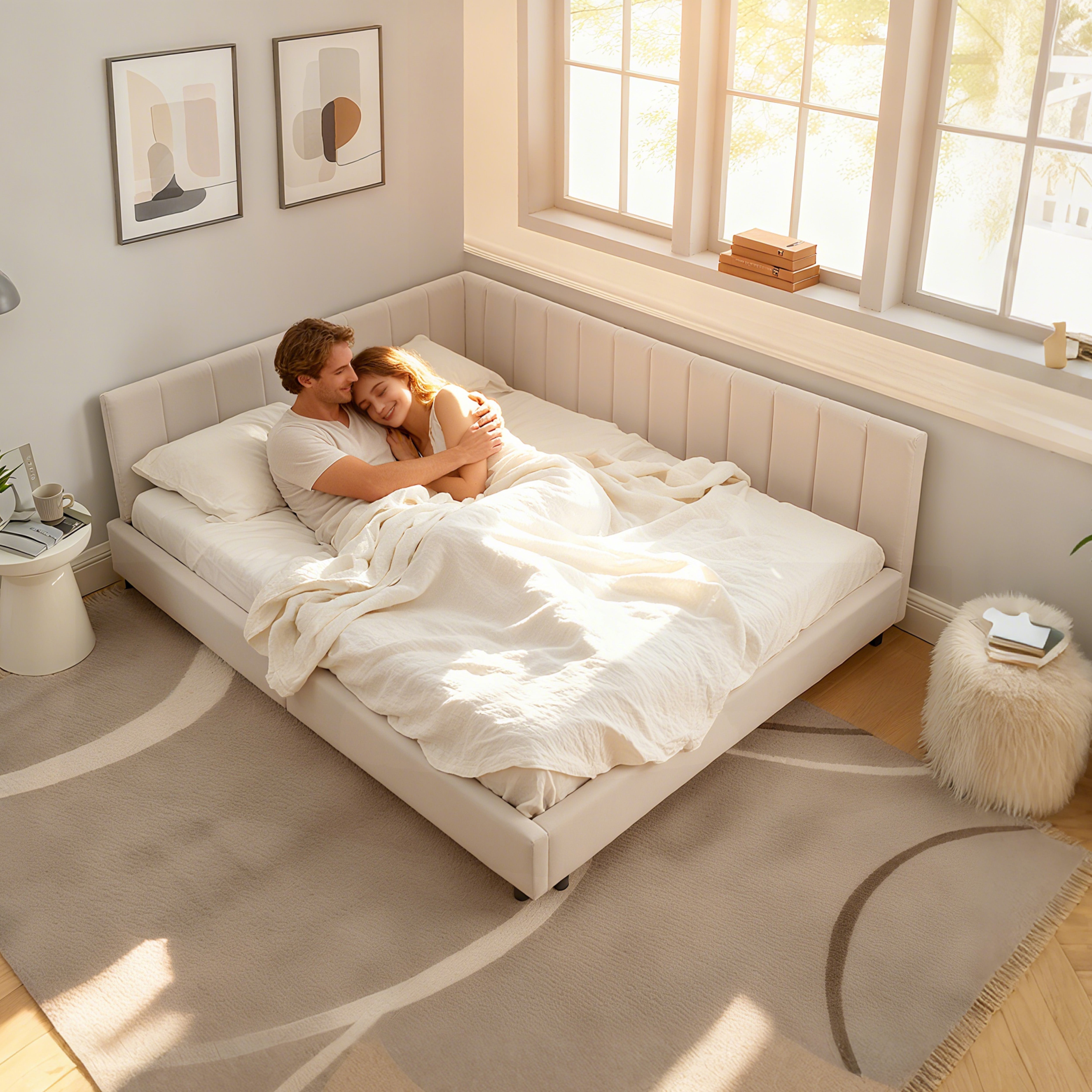 Double Bed High Backrest 160x200cm, Velvet Beige