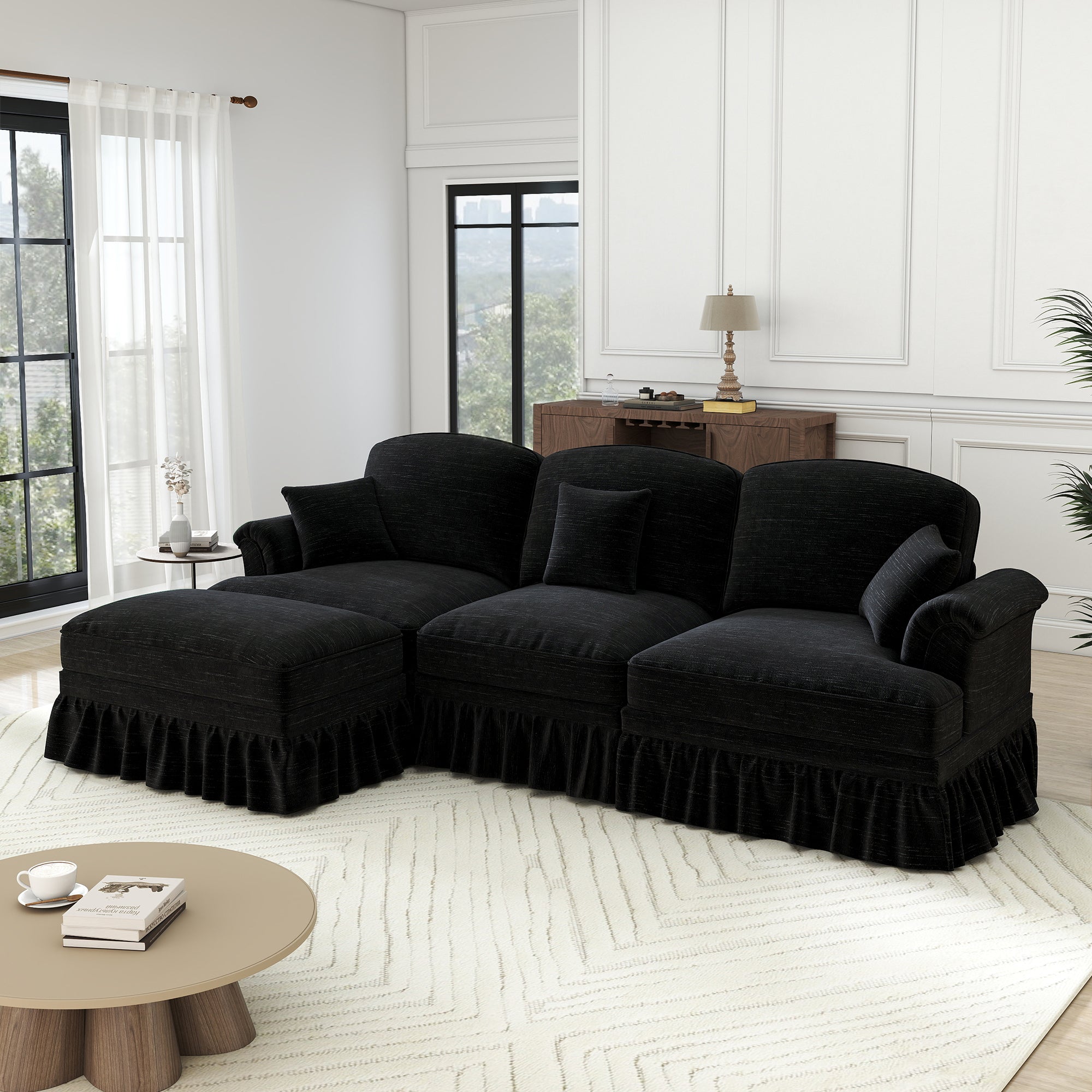 Modular L-Shaped Sofa 3-Seater Mid-Century Ottoman - Chenille Black