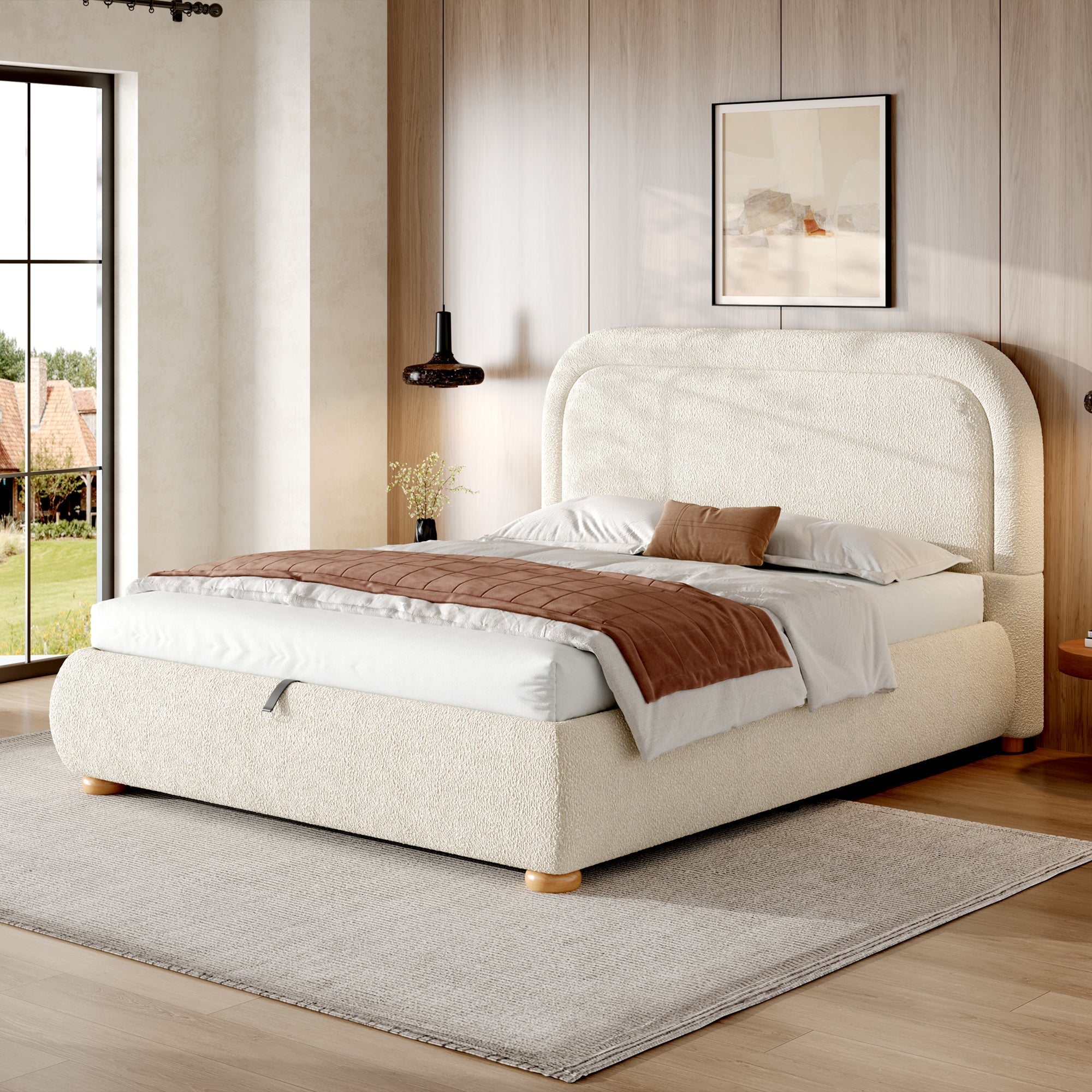 Upholstered Double Bed 140x190cm Hydraulic Storage Slatted Base Beige Bouclé