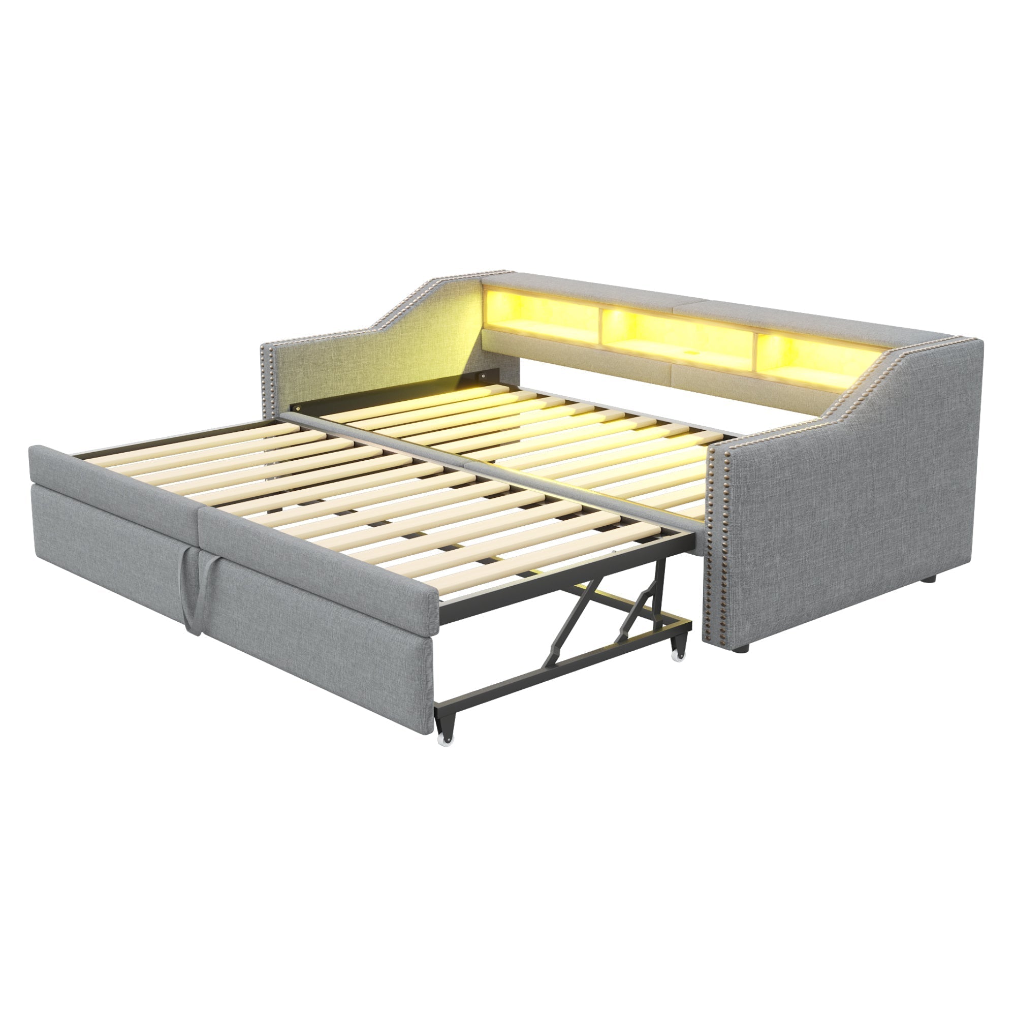 Upholstered Sofa Bed Extendable 90/180x200cm Storage LED USB - Light Grey