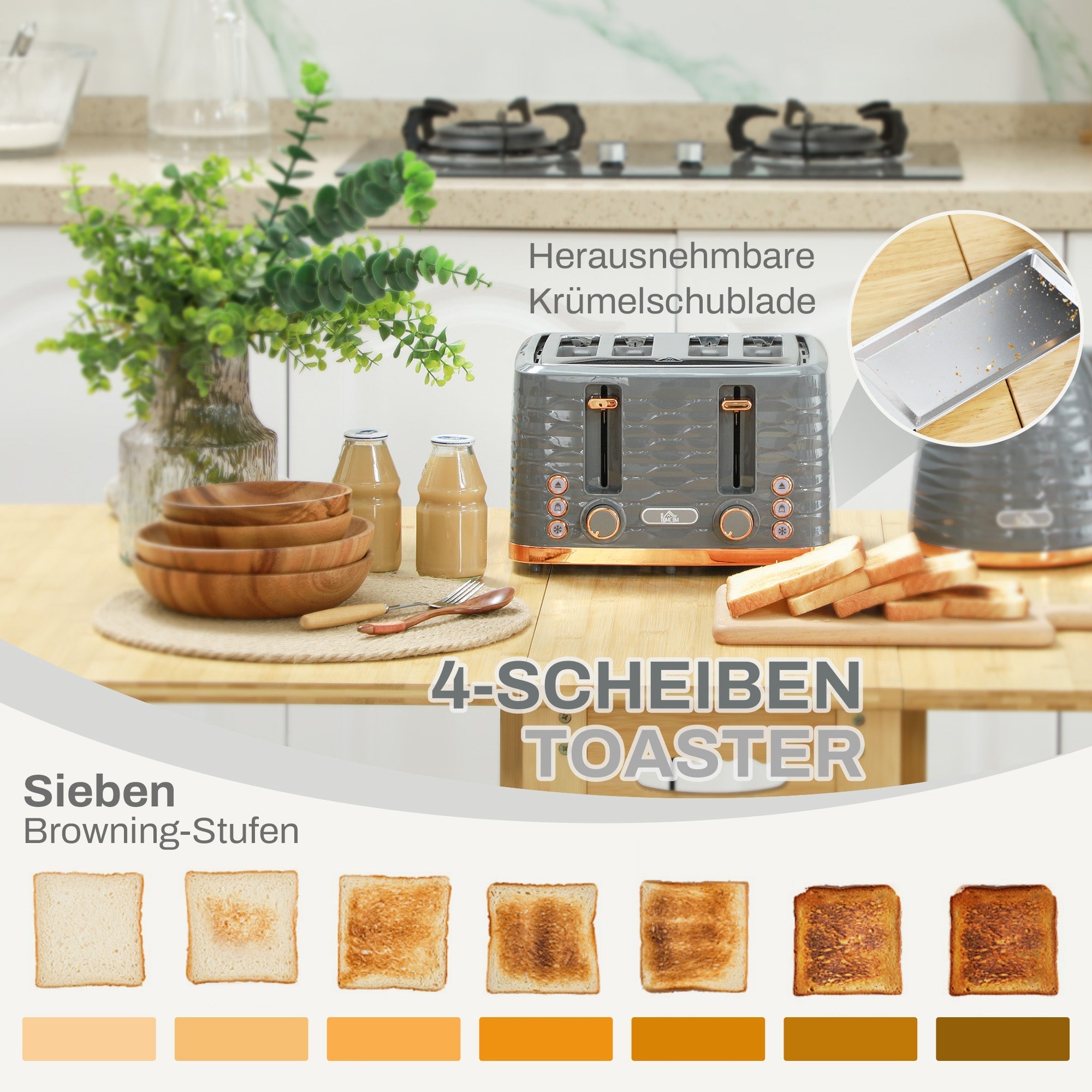 Breakfast Set 1.7L Kettle 4 Slice Toaster 3000W 7 Browning Levels Defrost Reheat Grey