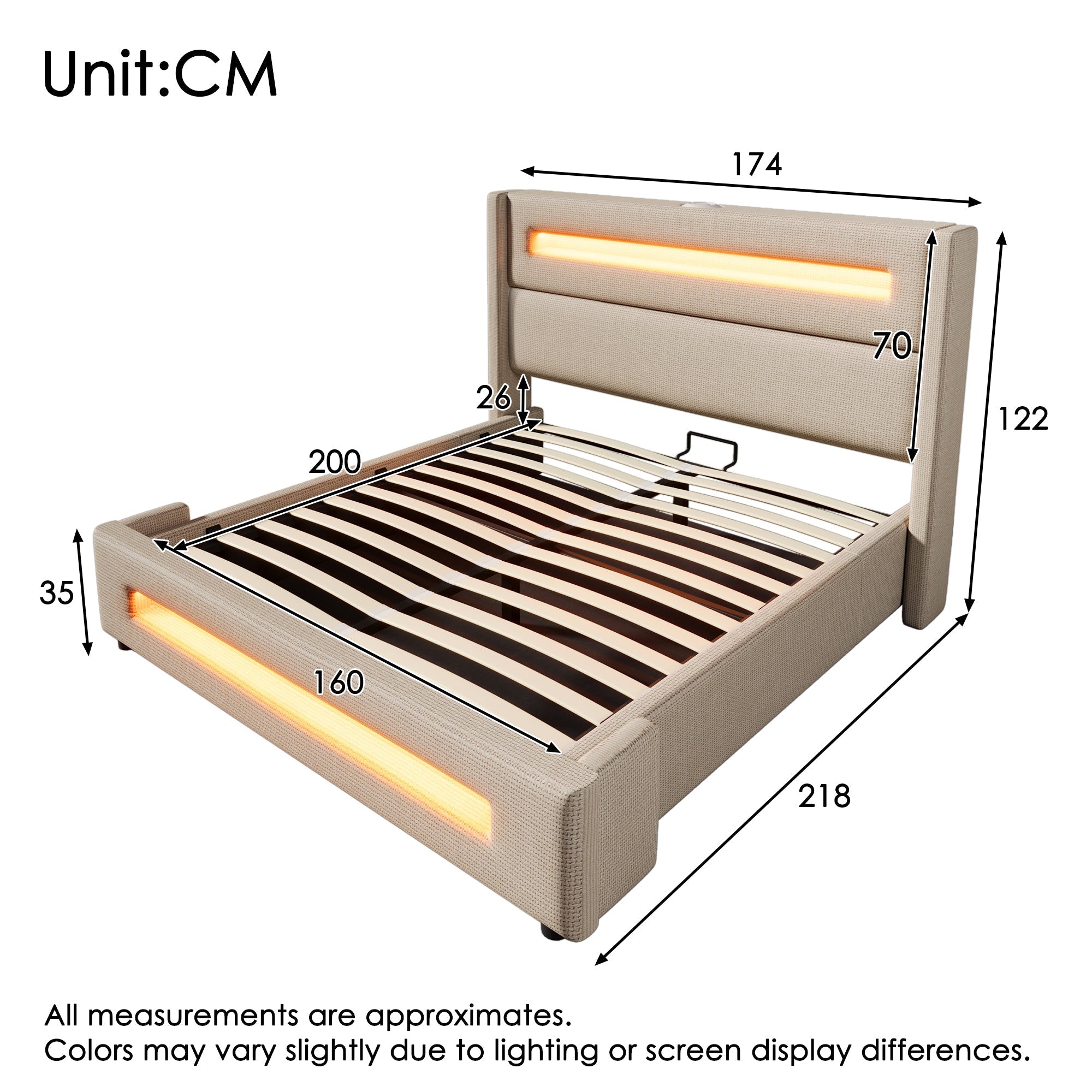 Upholstered Double Bed, 160x200cm LED Hydraulic Storage with USB-C, Beige Linen