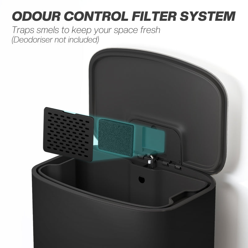 50L Kitchen Bin, Soft-Close Lid, Removable Inner Bucket, Stainless Steel, Black