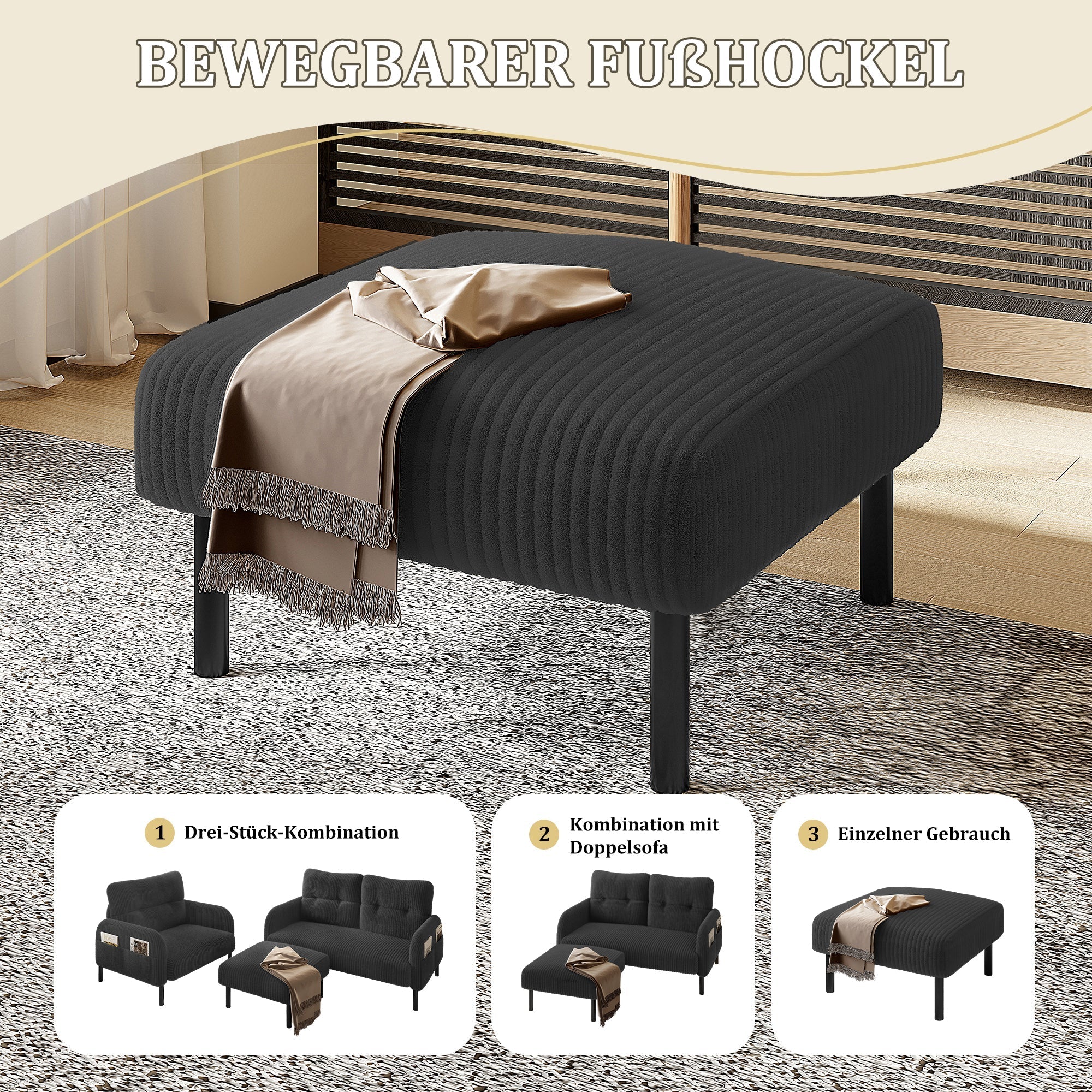 Premium corduroy stool super-soft velour metal frame