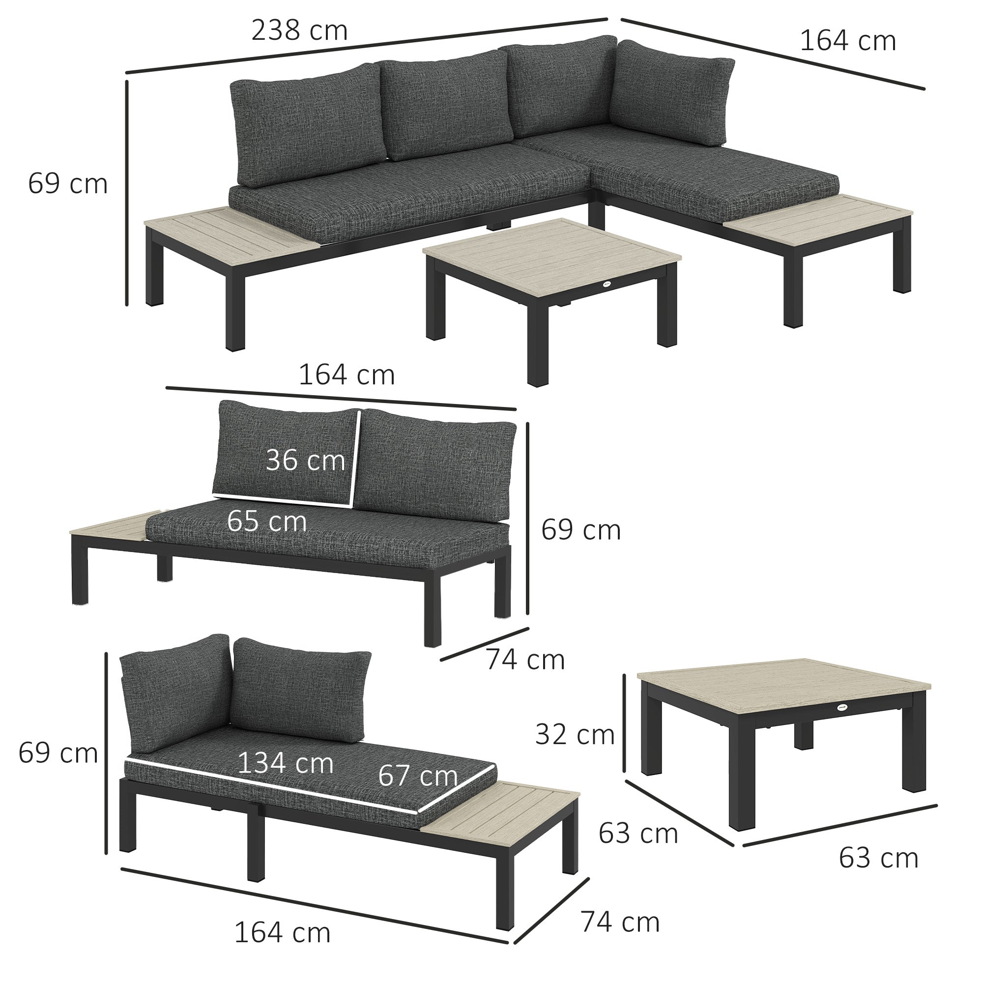 3 Pieces Garden Furniture Sets Corner Sofa Set Coffee Table Aluminium Dark Grey