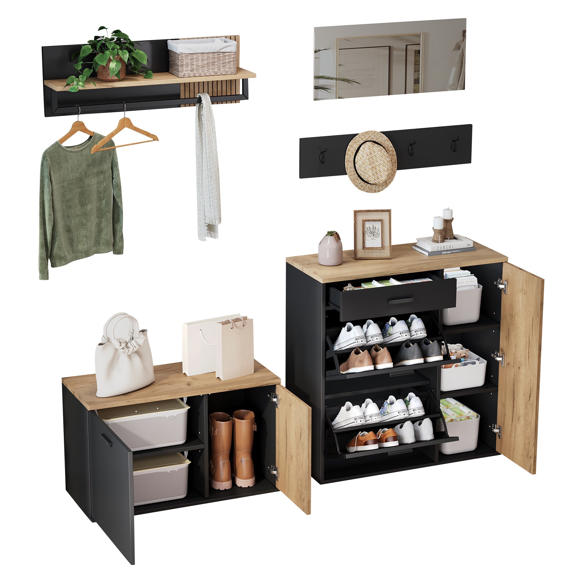 Wardrobe Set with Mirror, 2 Shoe Cabinets & Bench, Hallway Storage