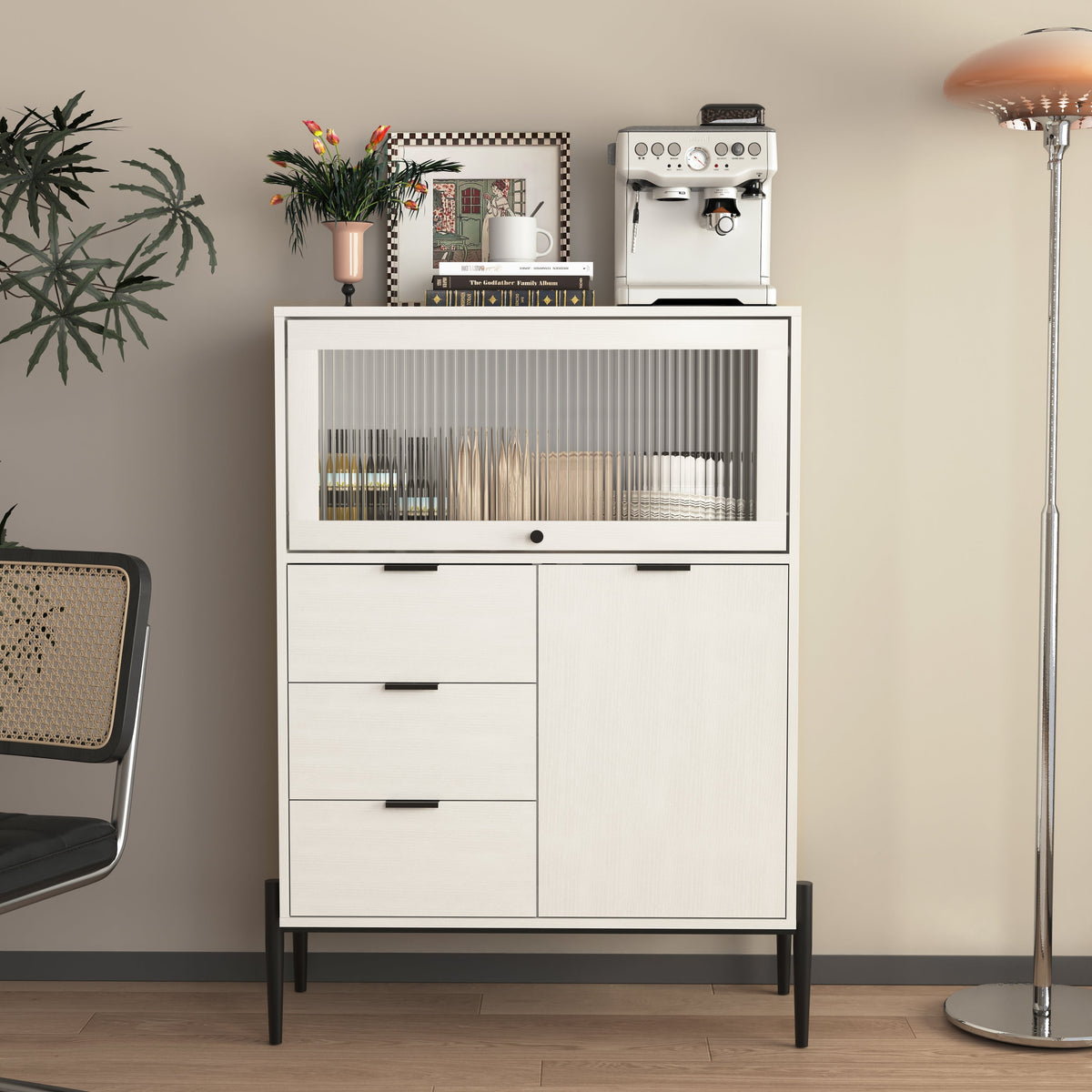 Sideboard with 3 Drawers 1 Glass Door Storage 85x40x120cm - Wooden