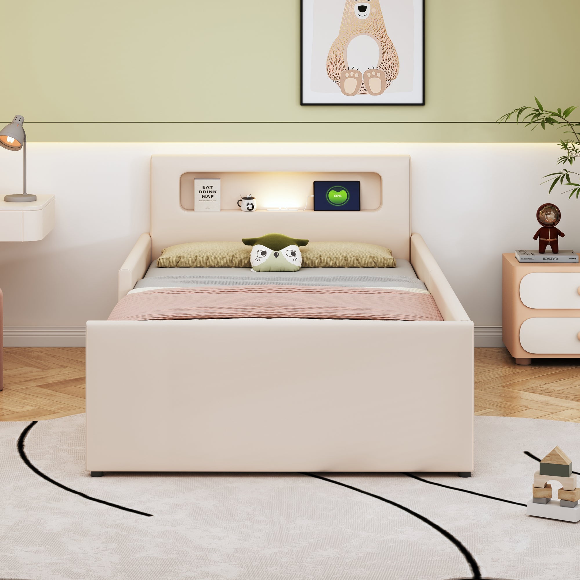 N623P195760A Upholstered Bed with LED Lighting and USB Charging, 140x200cm, Beige Velvet