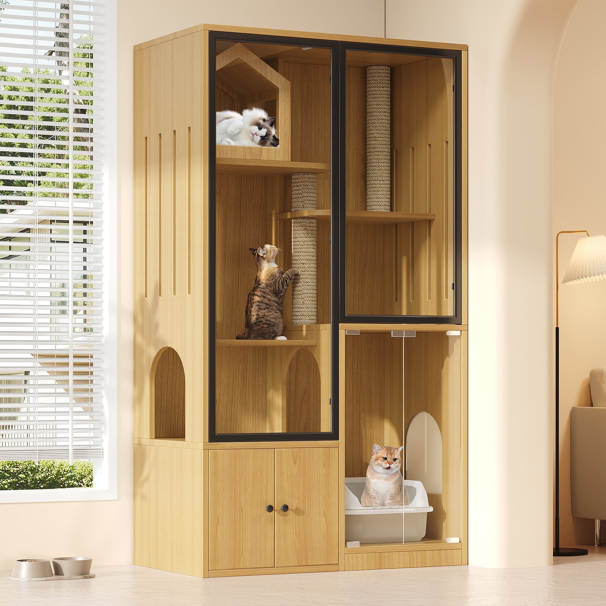 Cat House 4-Story Glass 90x50x160cm with Scratching Post - Yellow Maple Wood