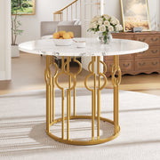 Runder Esstisch, 100x100x76cm, Couchtisch für 4, Marmorierte MDF-Platte, goldene Metallbeine