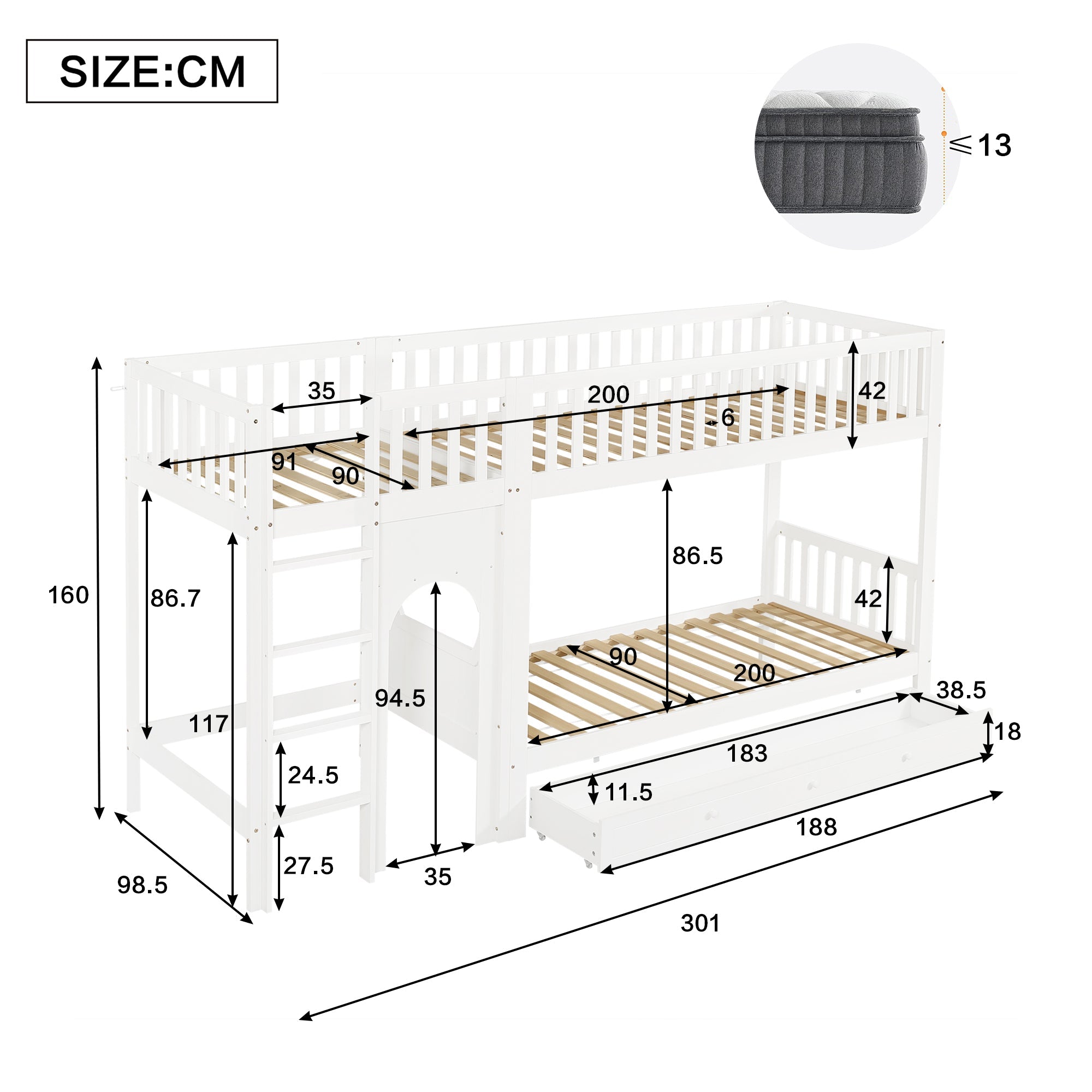 Bunk Bed for Children with Straight Ladder and Safety Railings, 90x200cm, White Pine + MDF