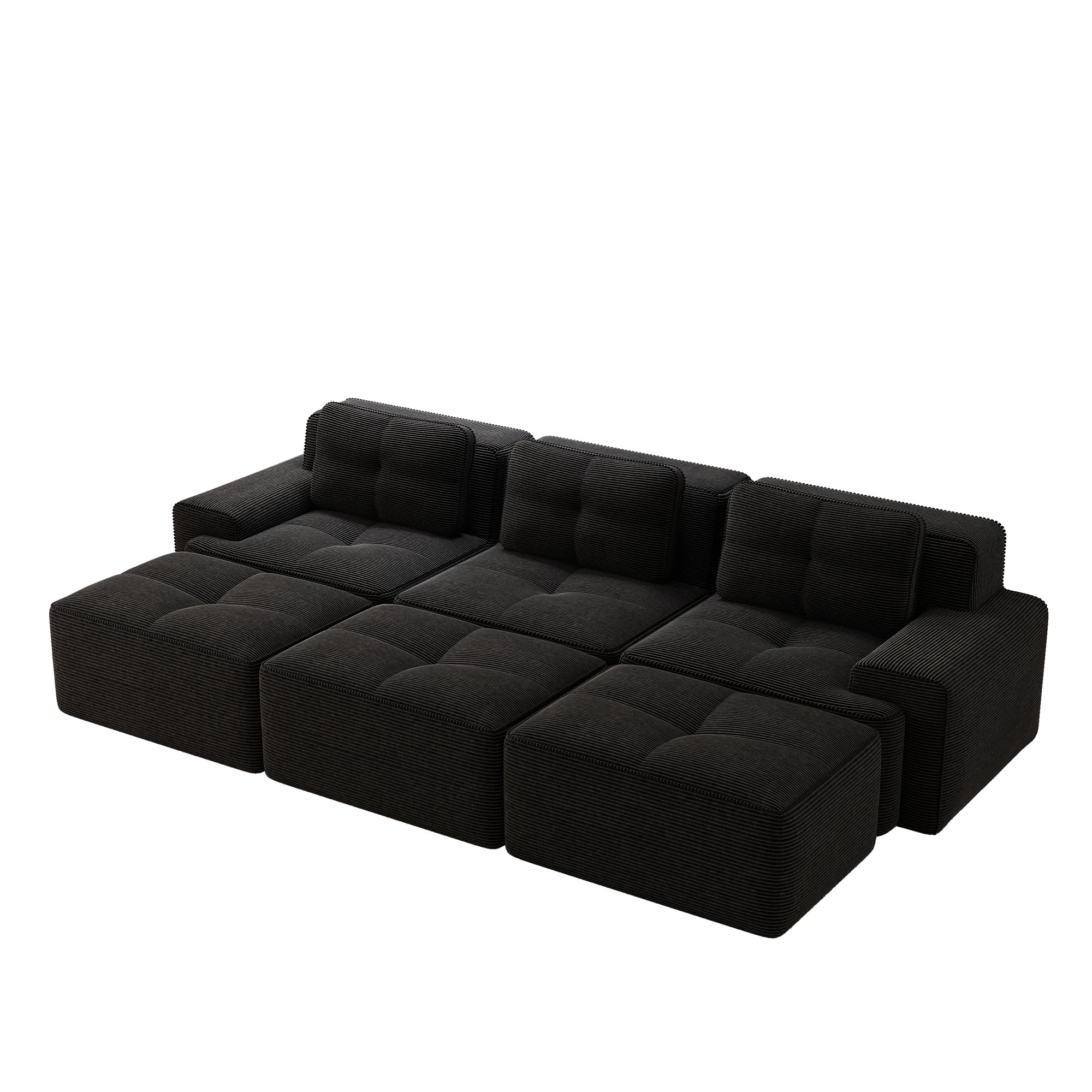 Frameless Modular Corner Sofa Sleeper 3 Ottomans - Corduroy Black